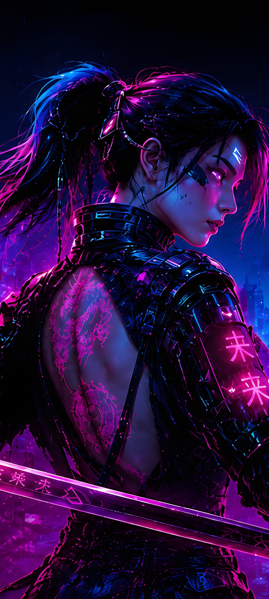 Cyberpunk Warrior with a Katana - Wallpapers for Samsung Galaxy M55, POCO M4/X4/X5, Xiaomi Redmi 12/13/Note 13/Note 14/Note 14S in 1080x2400 resolution