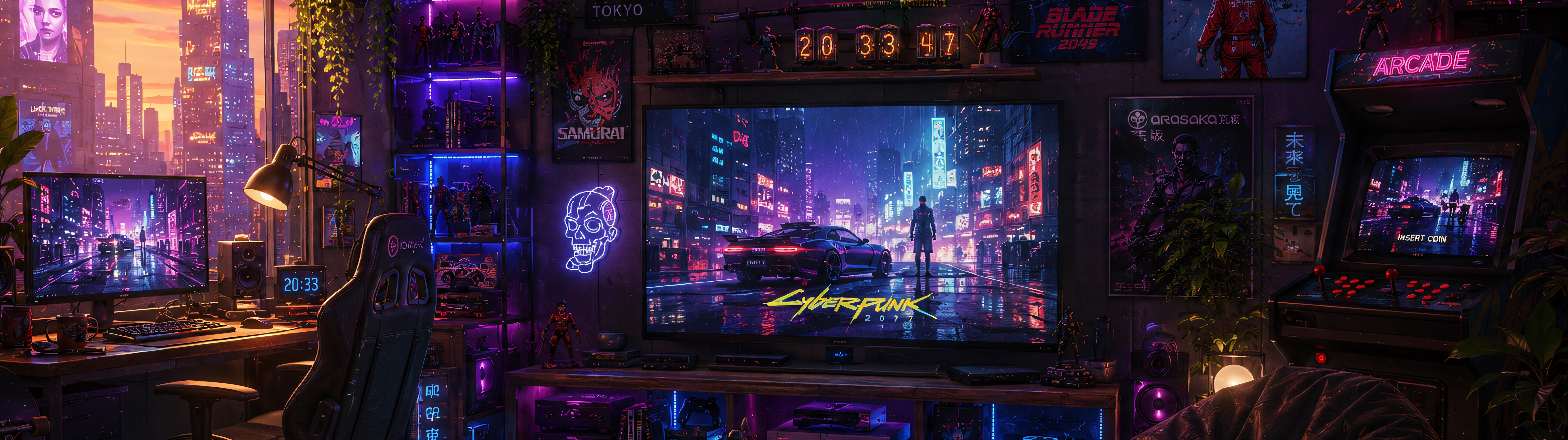 Cyberpunk 2077 Fan's Gamer Room - Dual Monitor Wallpapers in 7680x2160 resolution