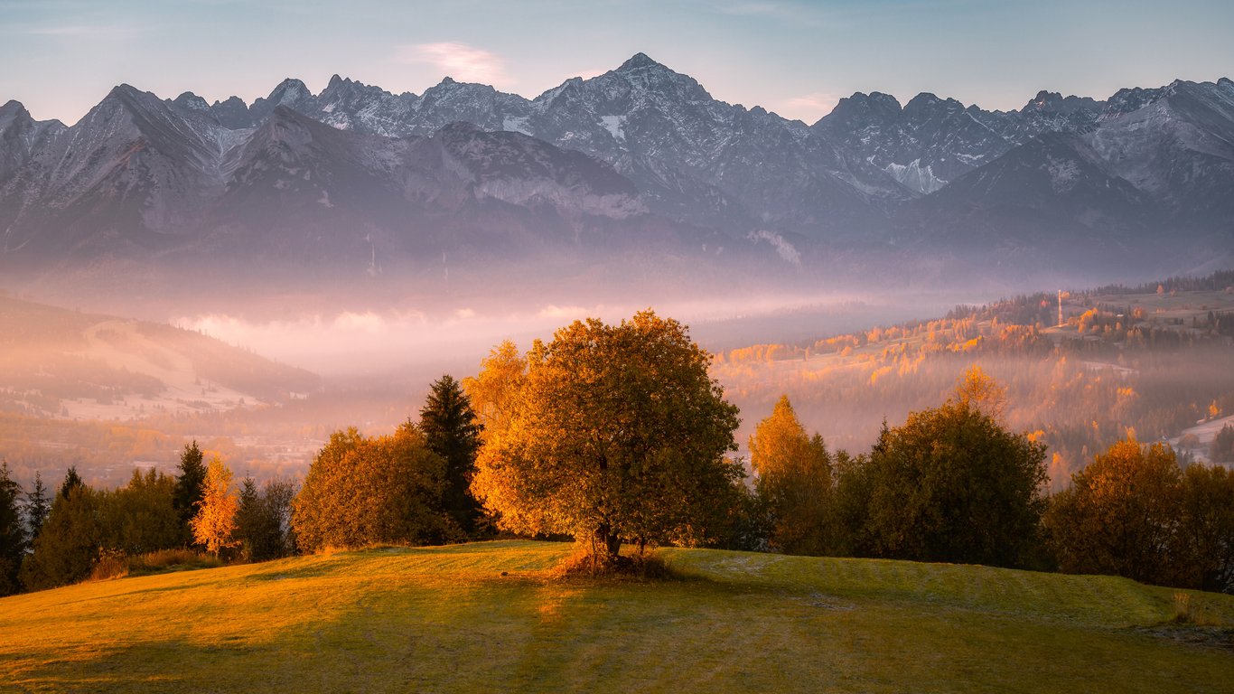 Autumn Mountain Valley at Sunset - Laptop Wallpapers in 1366x768 resolution