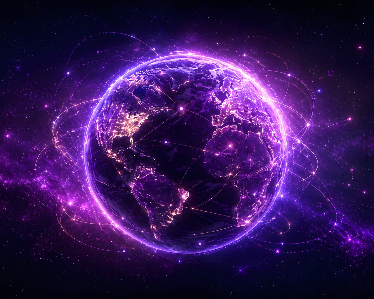 Земля в неоновых орбитах спутников - SXGA обои в разрешении 1280x1024