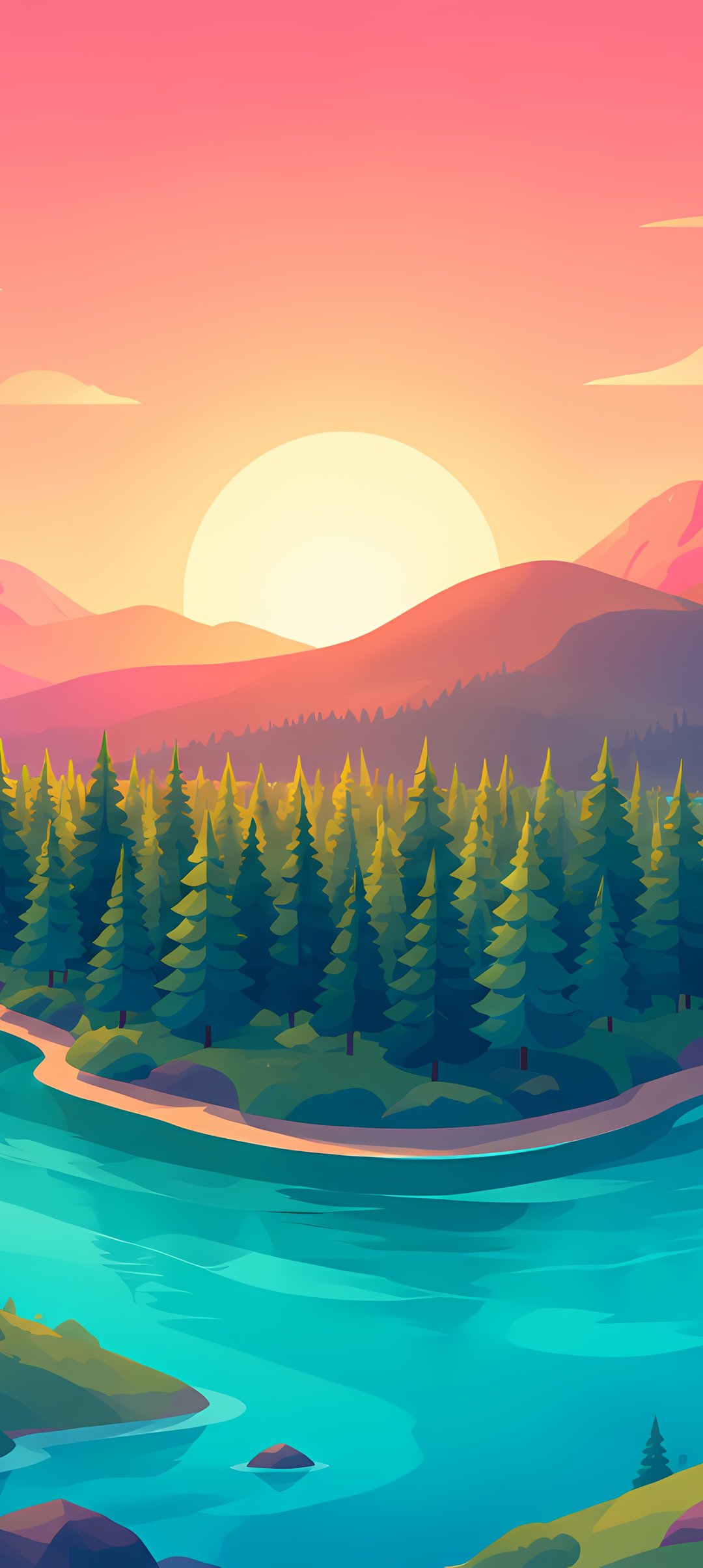 Sunset River Valley Landscape View - Wallpapers for Samsung Galaxy A13/A14/A53, Realme 12 Pro 5G, POCO M5 in 1080x2408 resolution