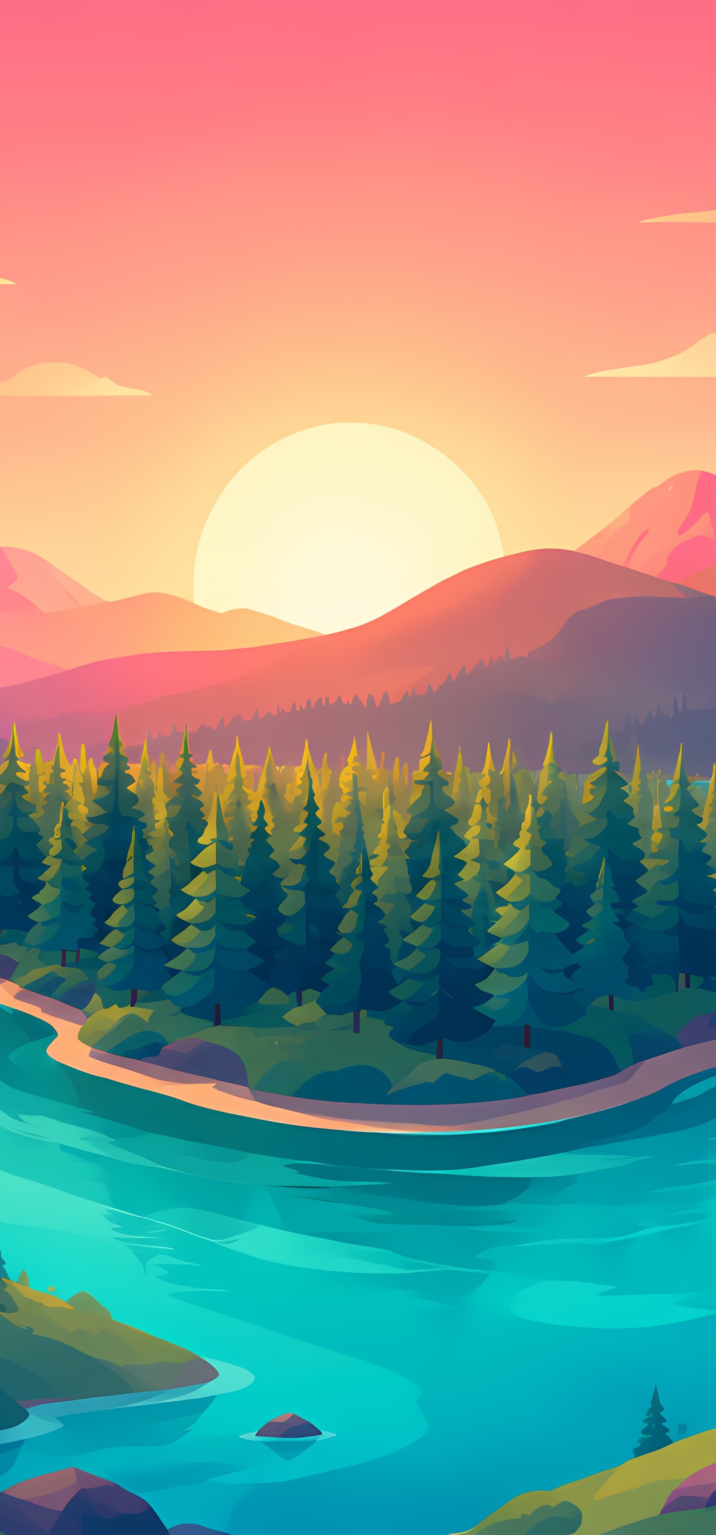 Sunset River Valley Landscape View - Wallpapers for Samsung Galaxy S22 Ultra/S23 Ultra in 1440x3088 resolution