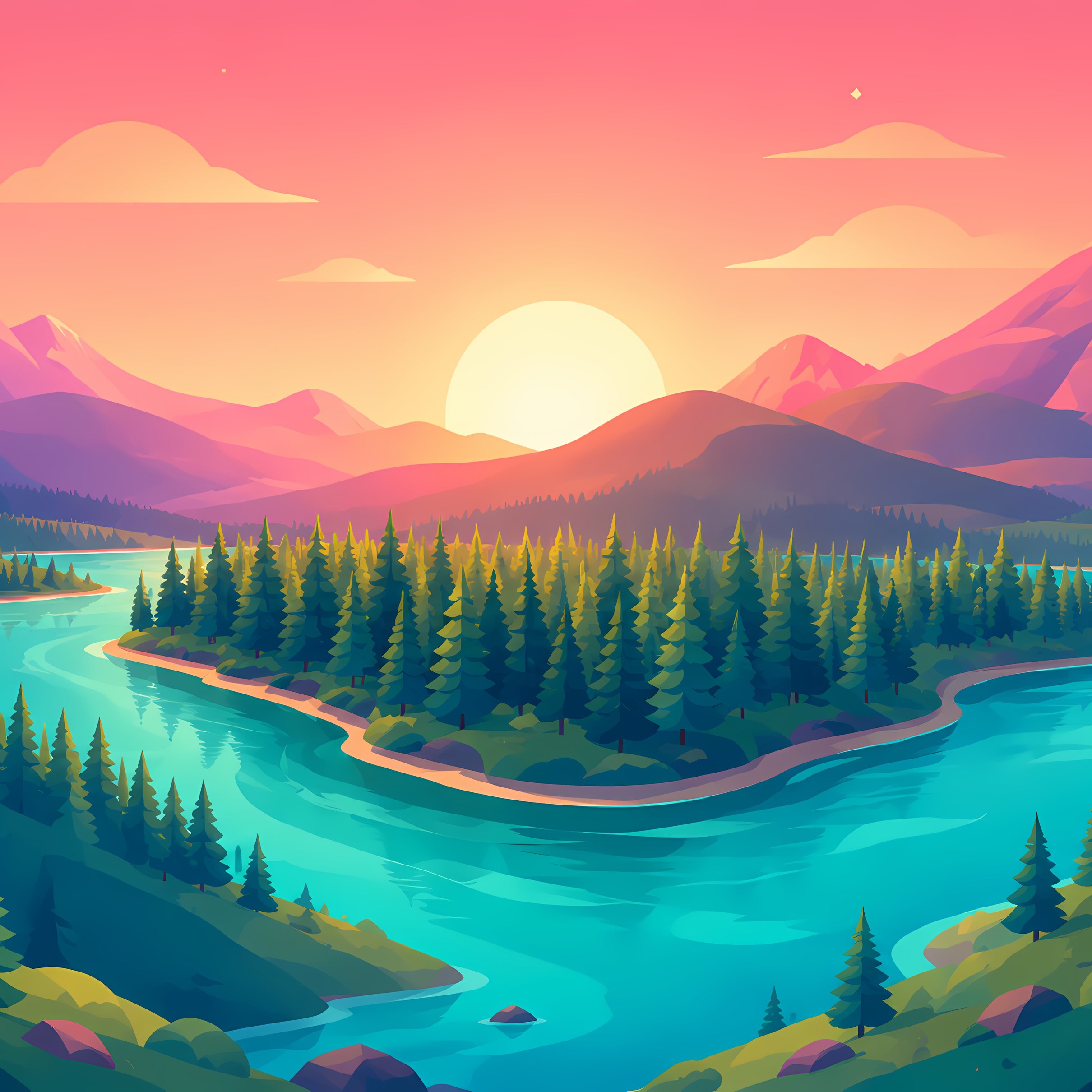 Sunset River Valley Landscape View - Wallpapers for iPad Pro 11″ 2024 in 2420x2420 resolution