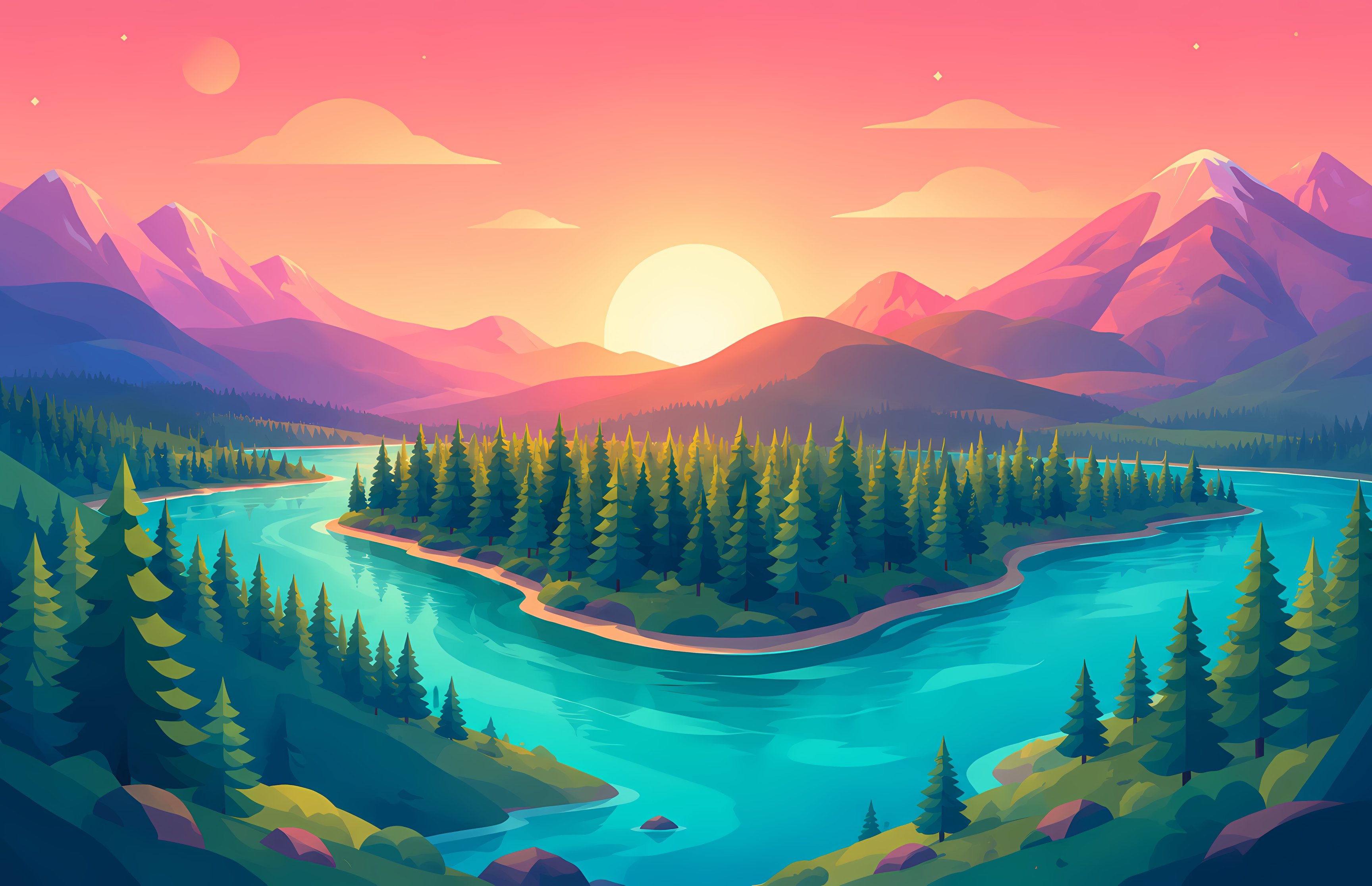 Sunset River Valley Landscape View - Wallpapers for Apple MacBook 16.2″ in 3456x2234 resolution