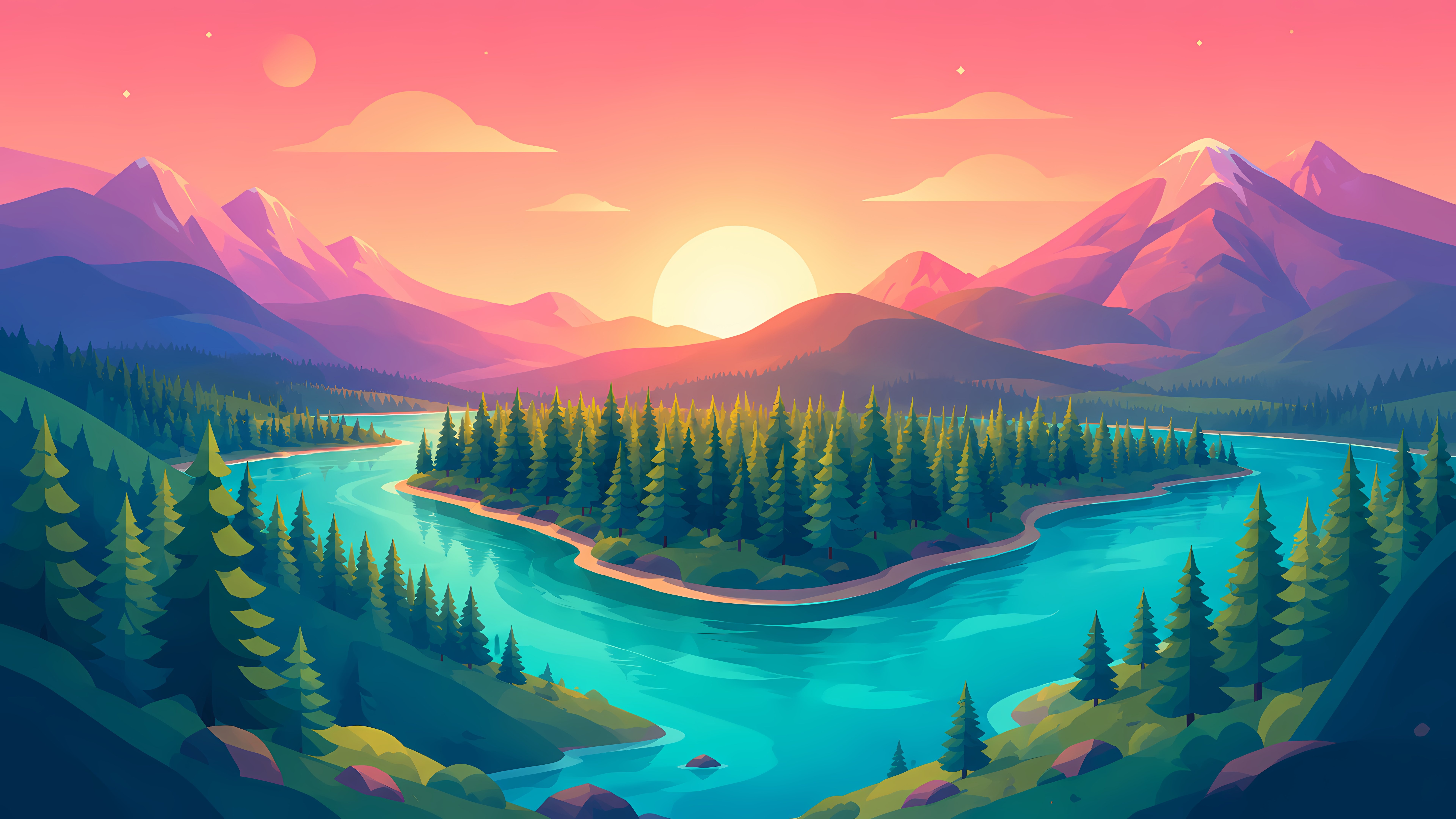 Sunset River Valley Landscape View - 8K wallpapers in 7680x4320 resolution