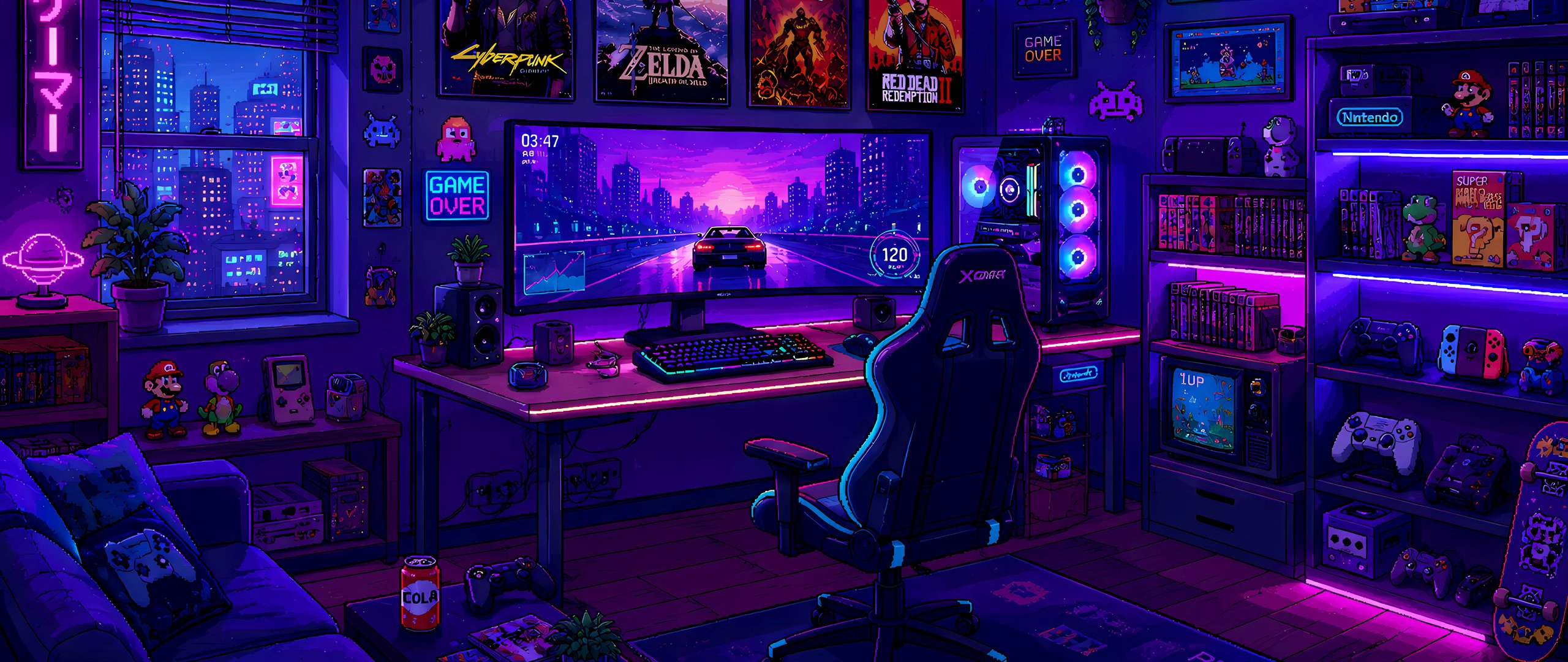 Неоновая комната для игр ночью - UltraWide 21:9 обои в разрешении 2560x1080