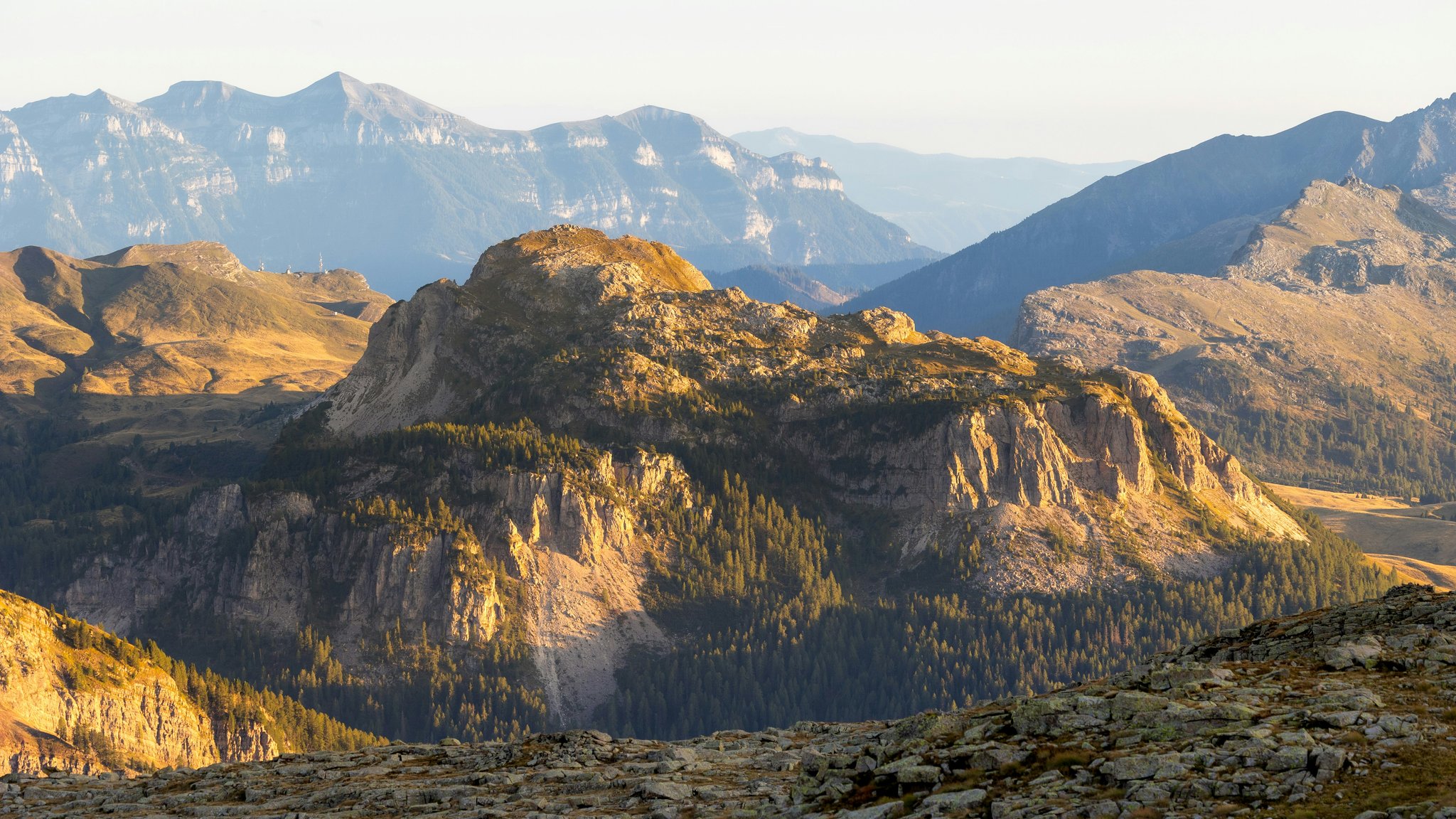 Sunlit Mountain Valleys and Ridges - QWXGA wallpapers in 2048x1152 resolution
