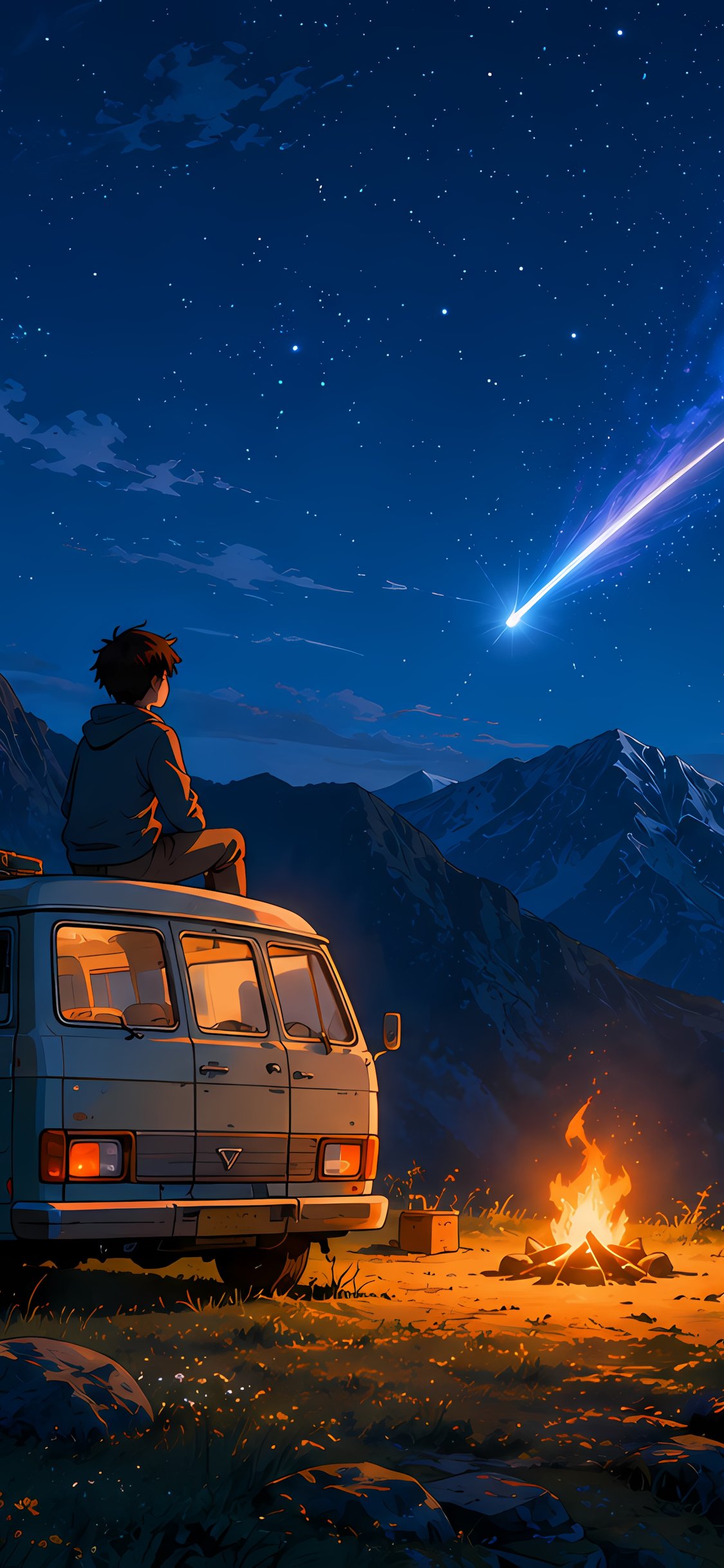 Boy watches comets and stars - Wallpapers for iPhone X/XS/11 Pro in 1125x2436 resolution