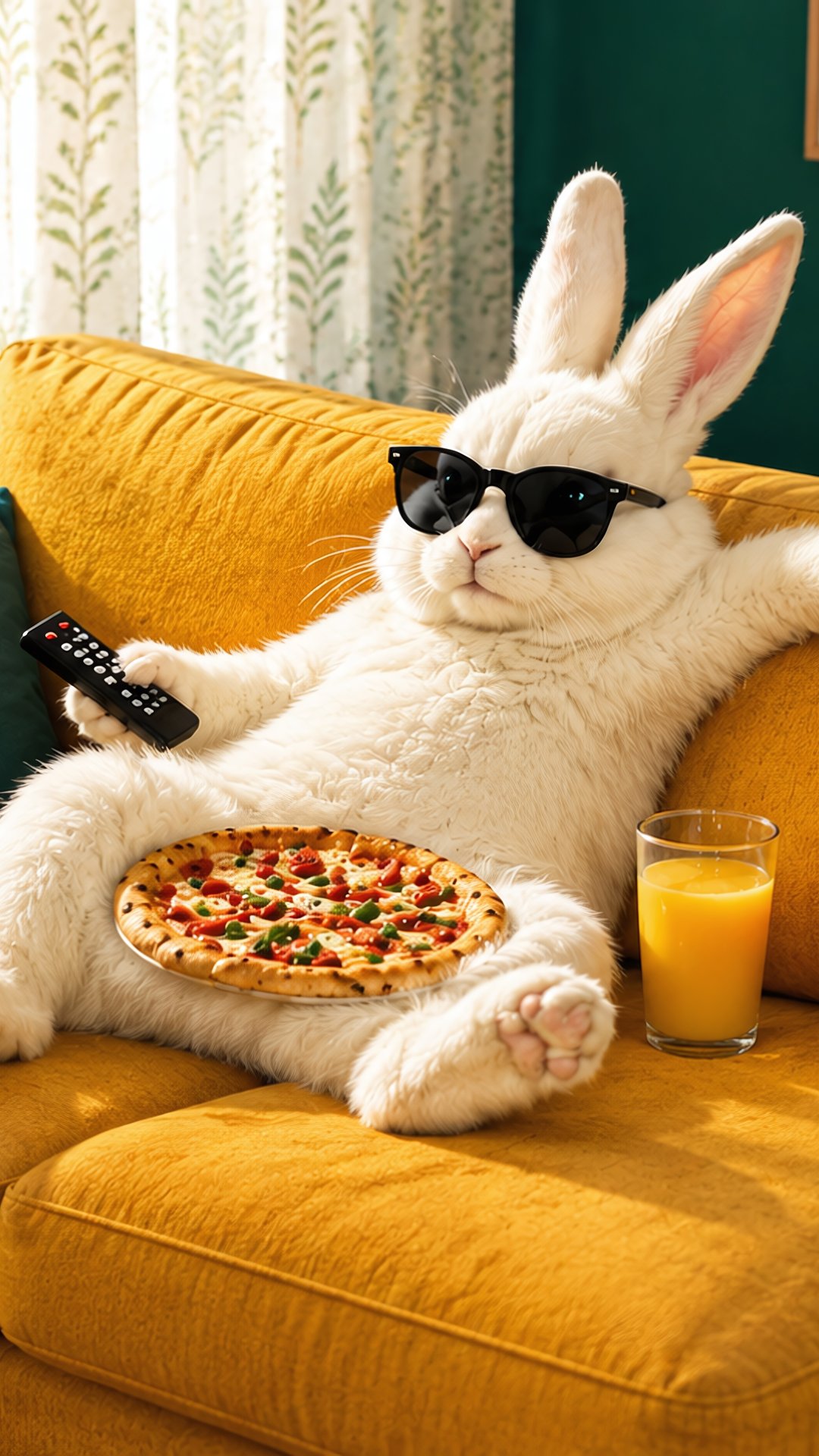 Sunglasses-Wearing Rabbit on Sofa - Wallpapers for Samsung, Honor, Sony in 1080x1920 resolution