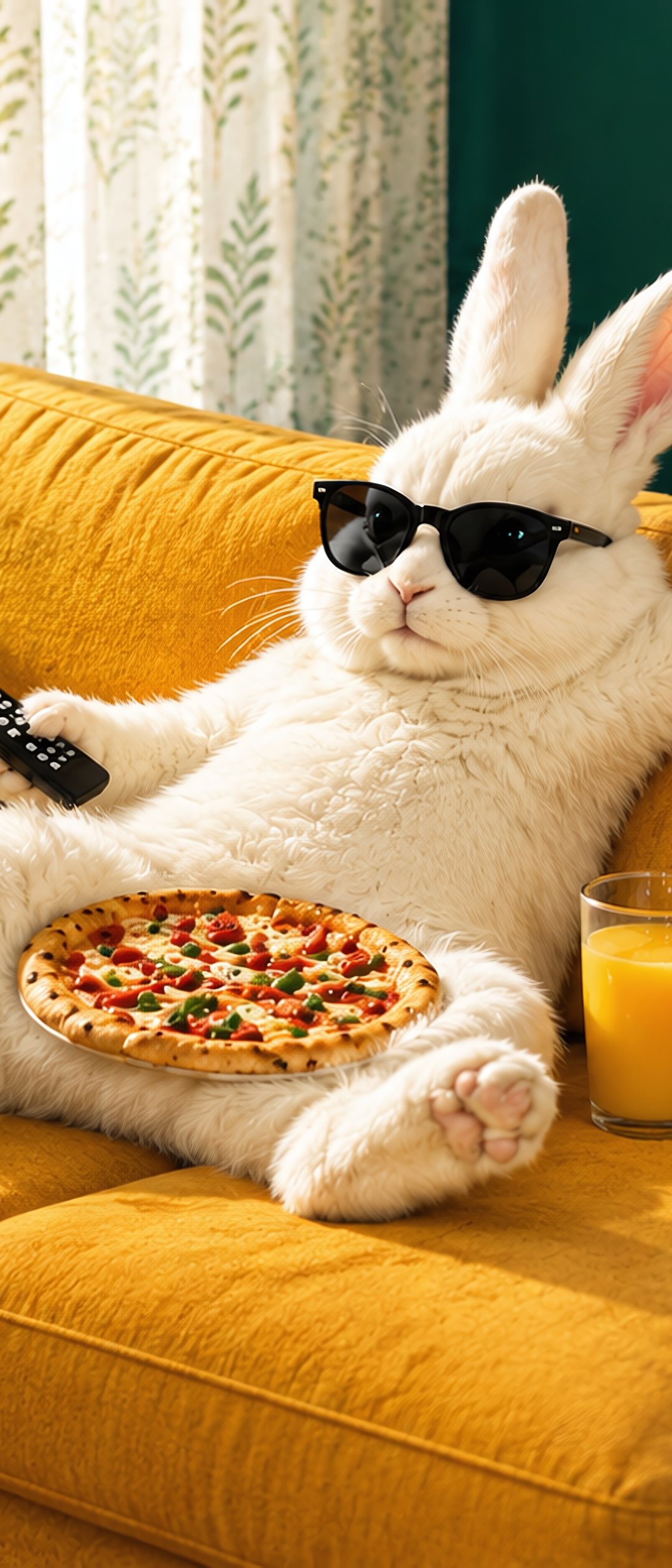 Sunglasses-Wearing Rabbit on Sofa - Wallpapers for Samsung Galaxy Z Flip7, Sony Xperia 5 II/5 III/5 V/10 IV/10 V, Xiaomi Mix Fold 3 in 1080x2520 resolution