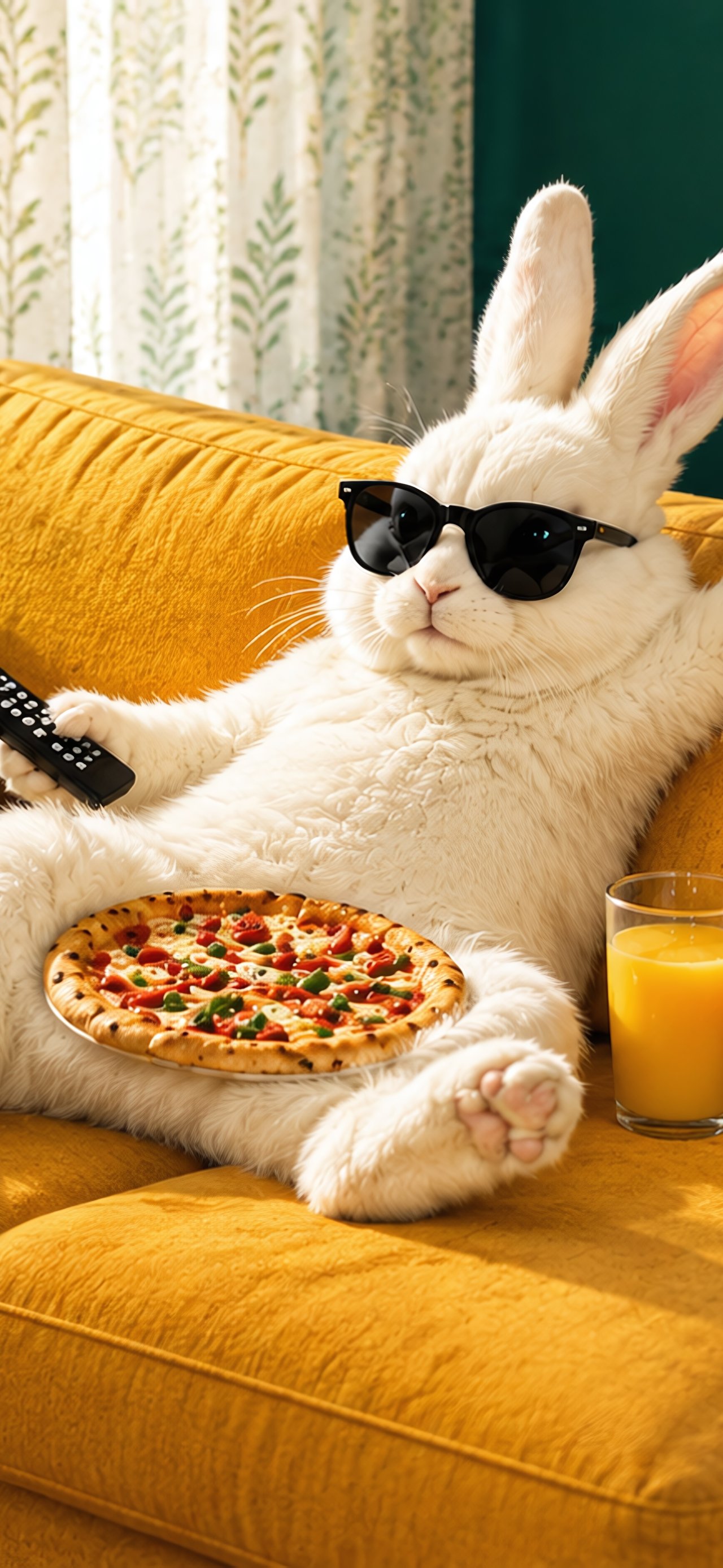 Sunglasses-Wearing Rabbit on Sofa - Wallpapers for Xiaomi 15T in 1280x2772 resolution