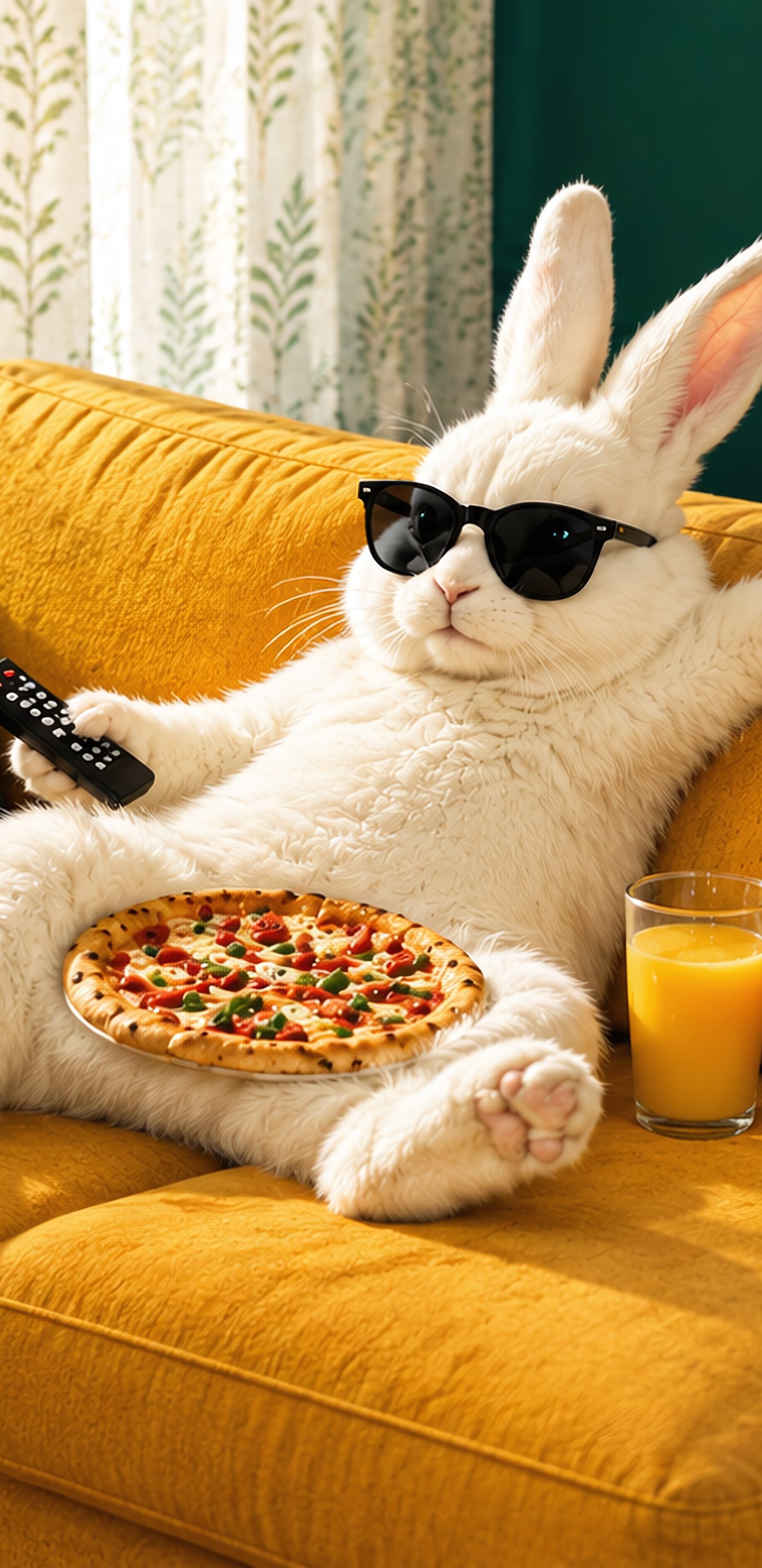 Sunglasses-Wearing Rabbit on Sofa - Wallpapers for Samsung Galaxy S8/S8+/Note 8/S9/S9+/Note 9 in 1440x2960 resolution