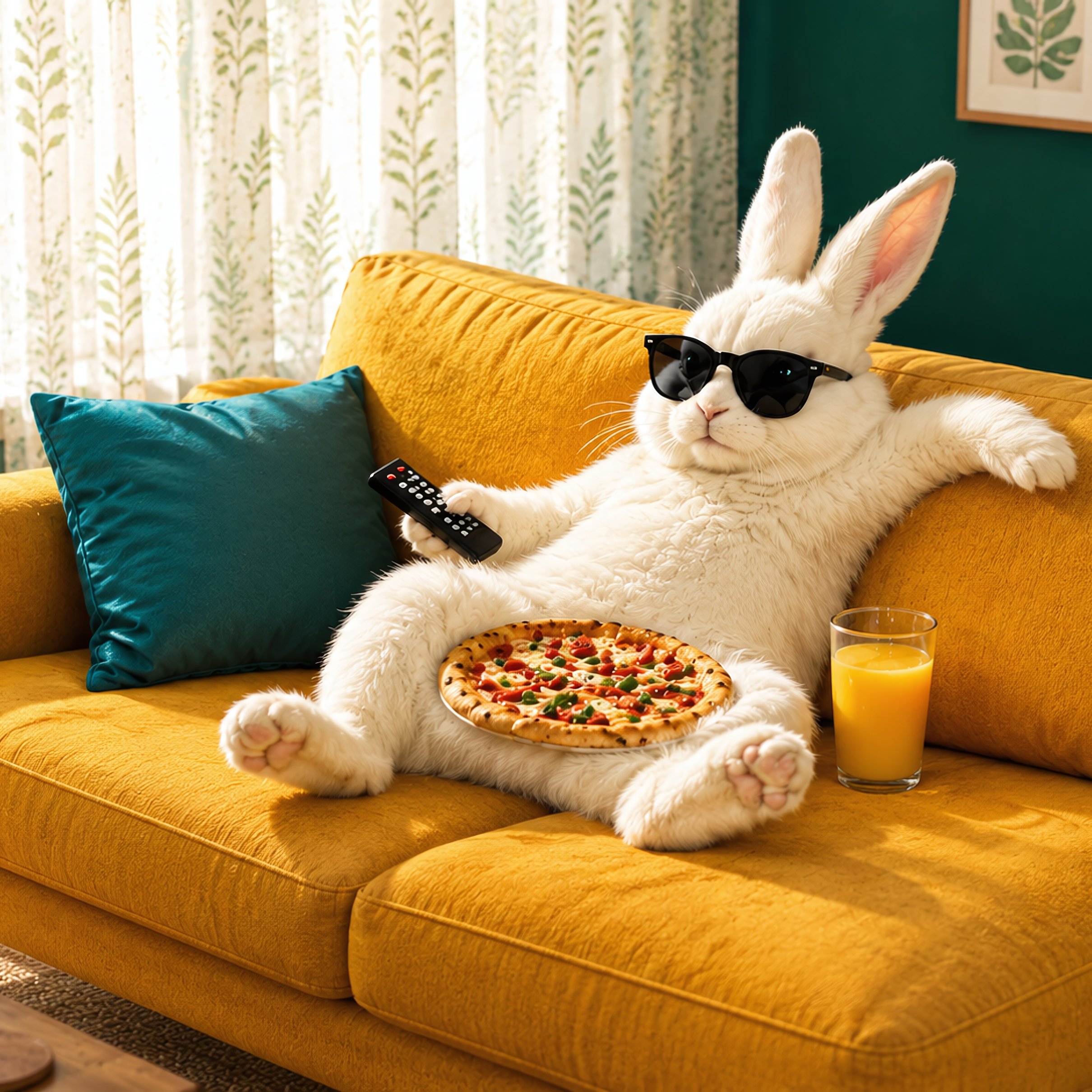Sunglasses-Wearing Rabbit on Sofa - Wallpapers for iPad Pro 11″ 2024 in 2420x2420 resolution