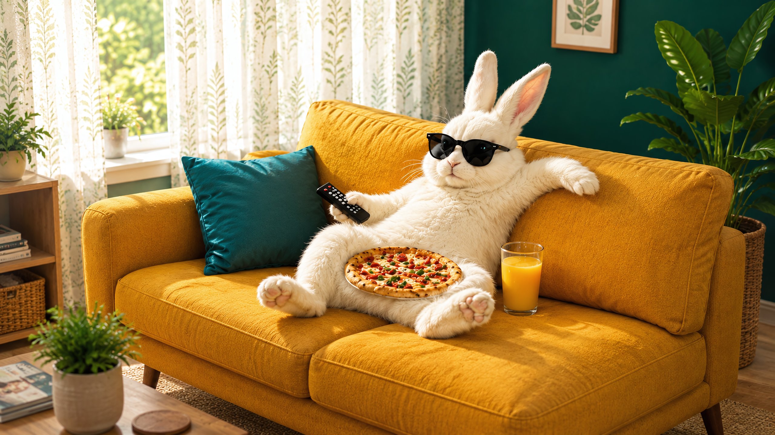 Sunglasses-Wearing Rabbit on Sofa - 2K Quad HD wallpapers in 2560x1440 resolution