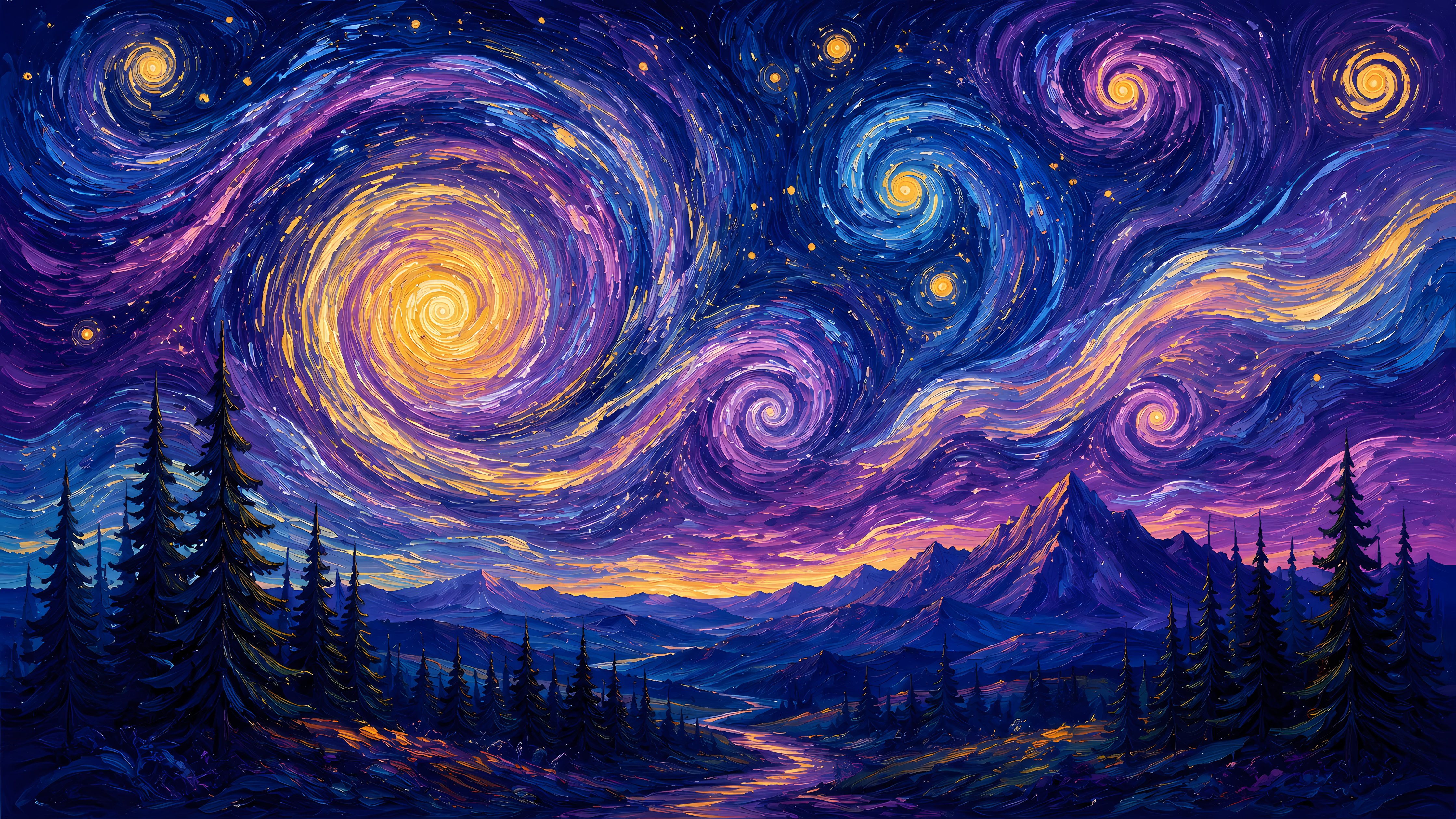 Van Gogh-Style Surreal Night Valley - Wallpapers for Apple iMac 24″ in 4480x2520 resolution