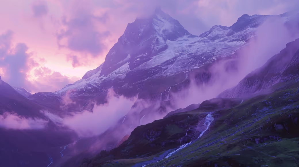 Purple Sunset Over Mountain Valley — desktop and phone wallpaper, free download