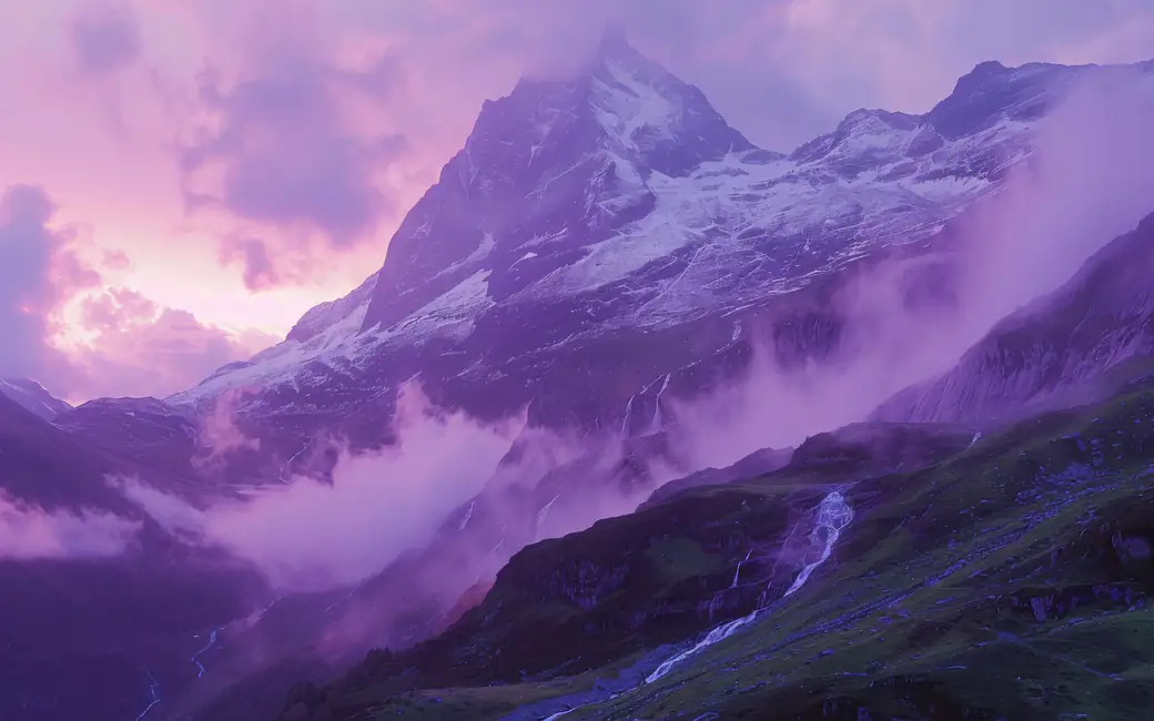 Purple Sunset Over Mountain Valley — desktop and phone wallpaper, free download