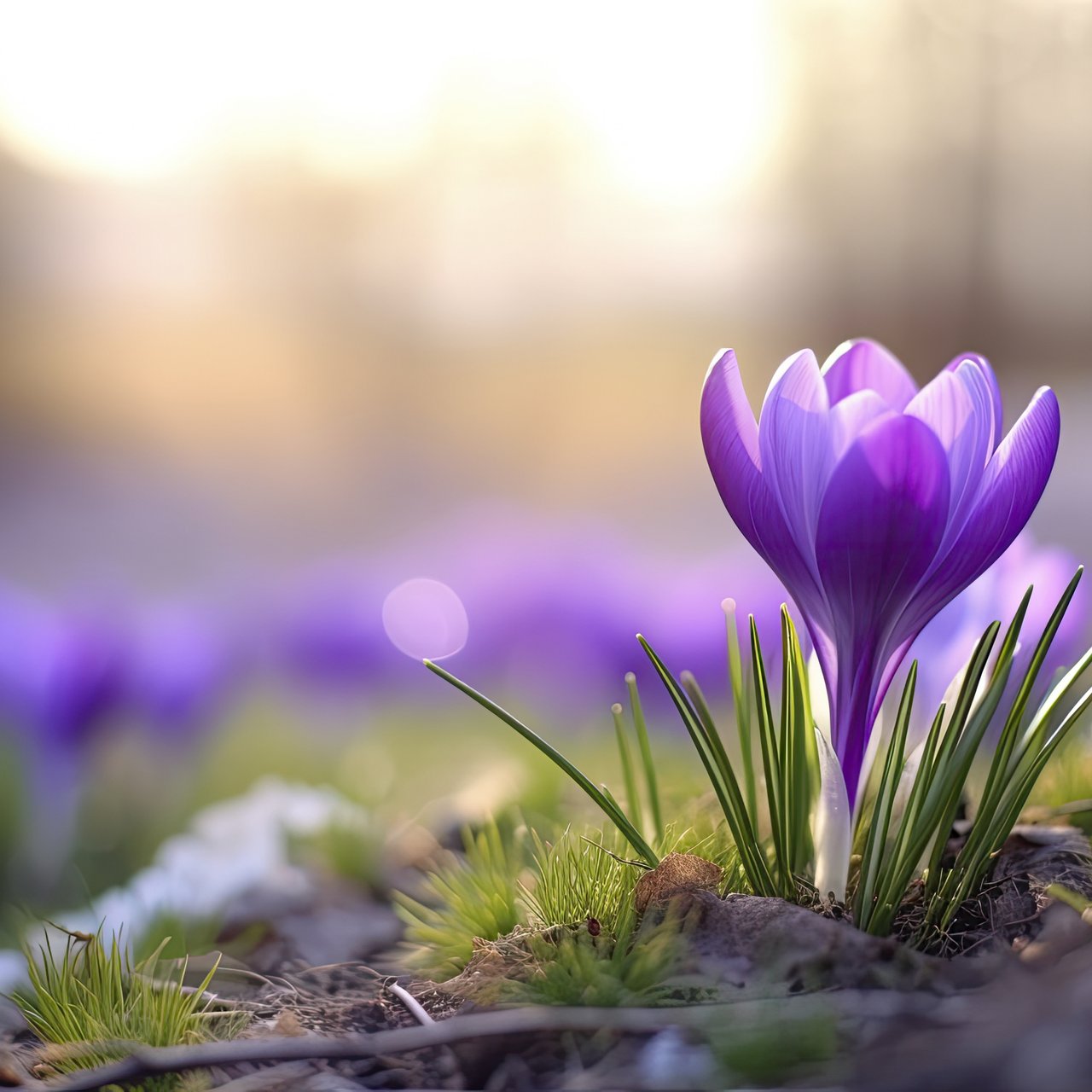 Purple Crocuses in Spring Grass - Wallpapers for Lenovo, Huawei in 1280x1280 resolution