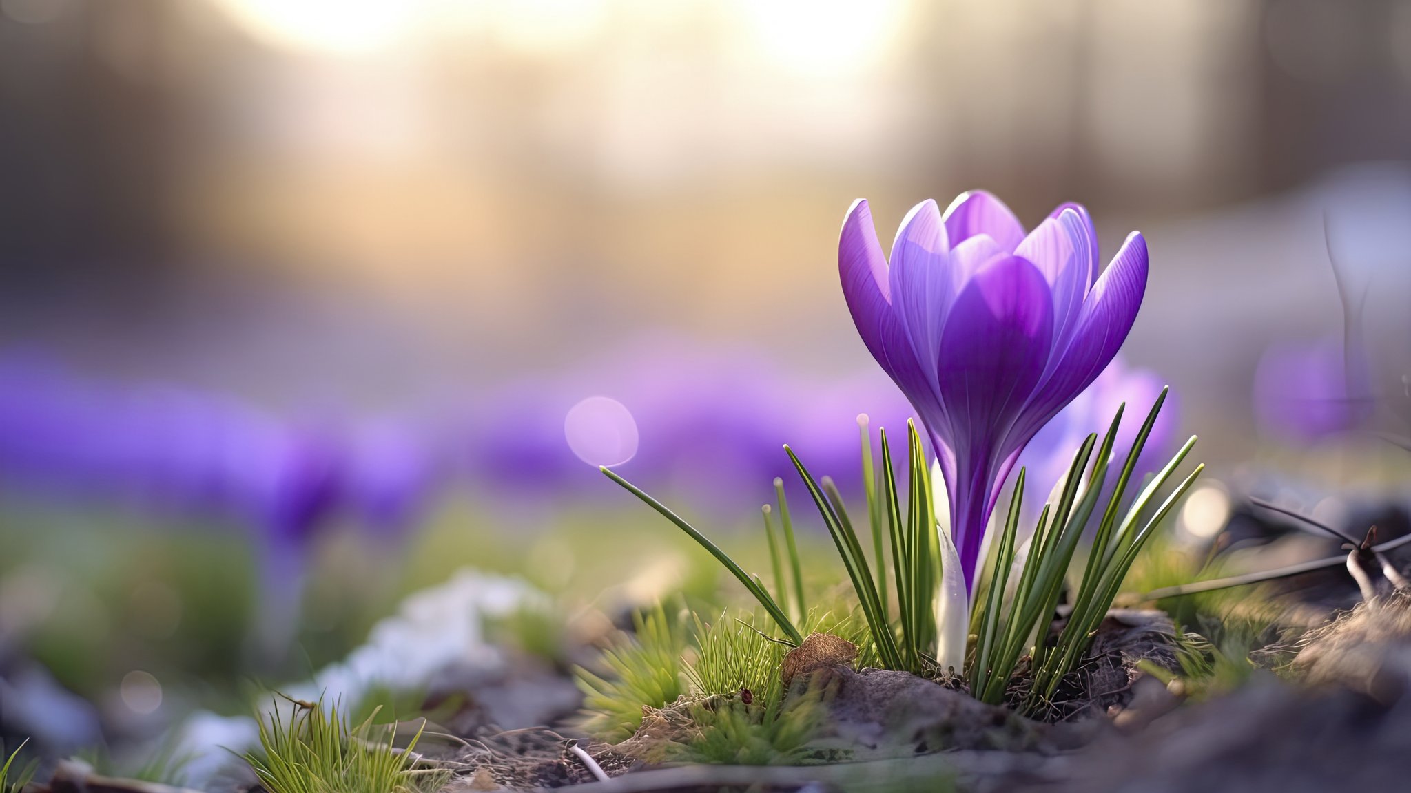 Purple Crocuses in Spring Grass - QWXGA wallpapers in 2048x1152 resolution