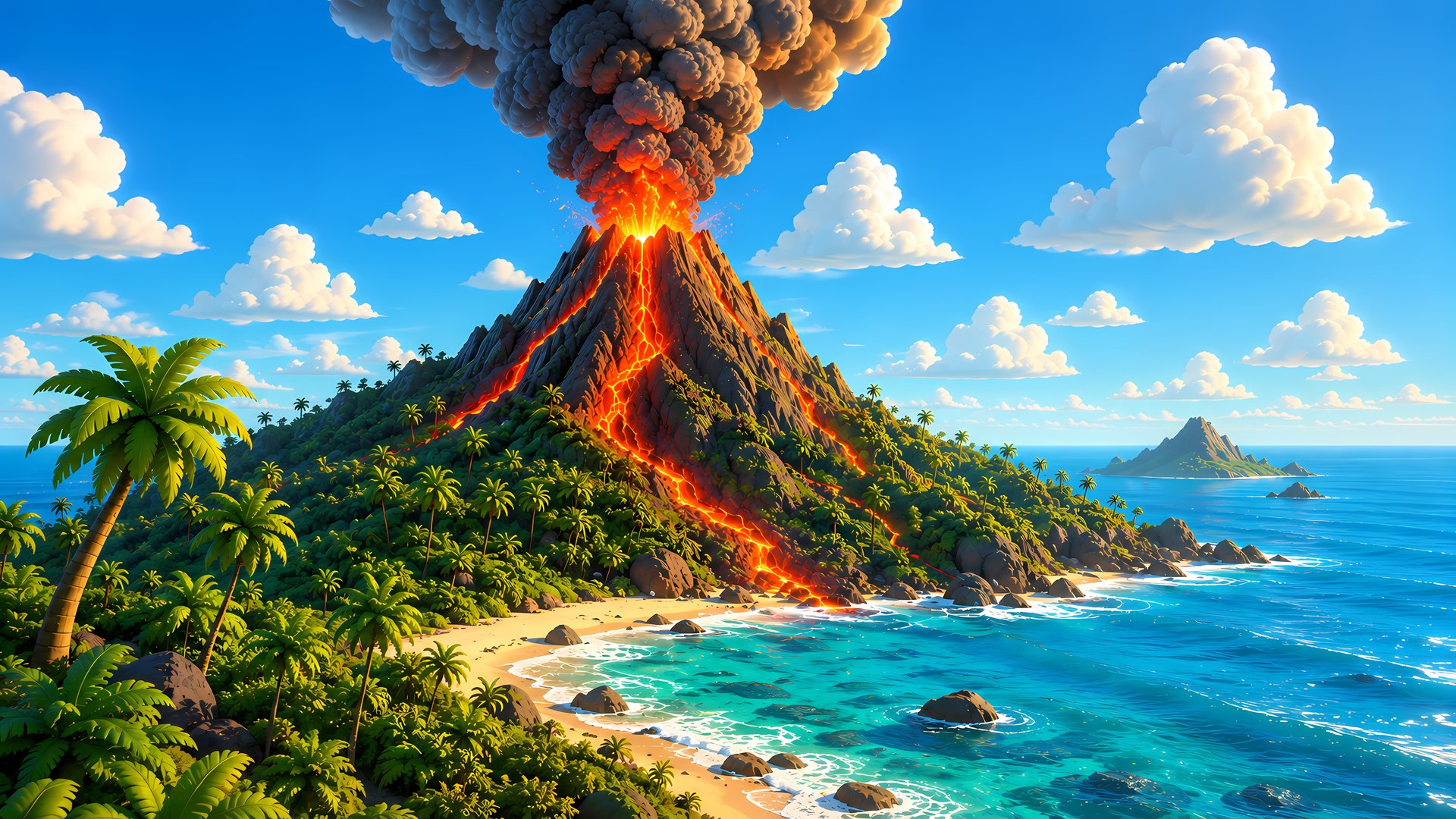 Colorful volcanic eruption on the island - Full HD wallpapers in 1920x1080 resolution