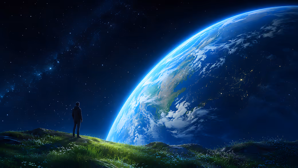Man Observing Earth from Space — desktop and phone wallpaper, free download