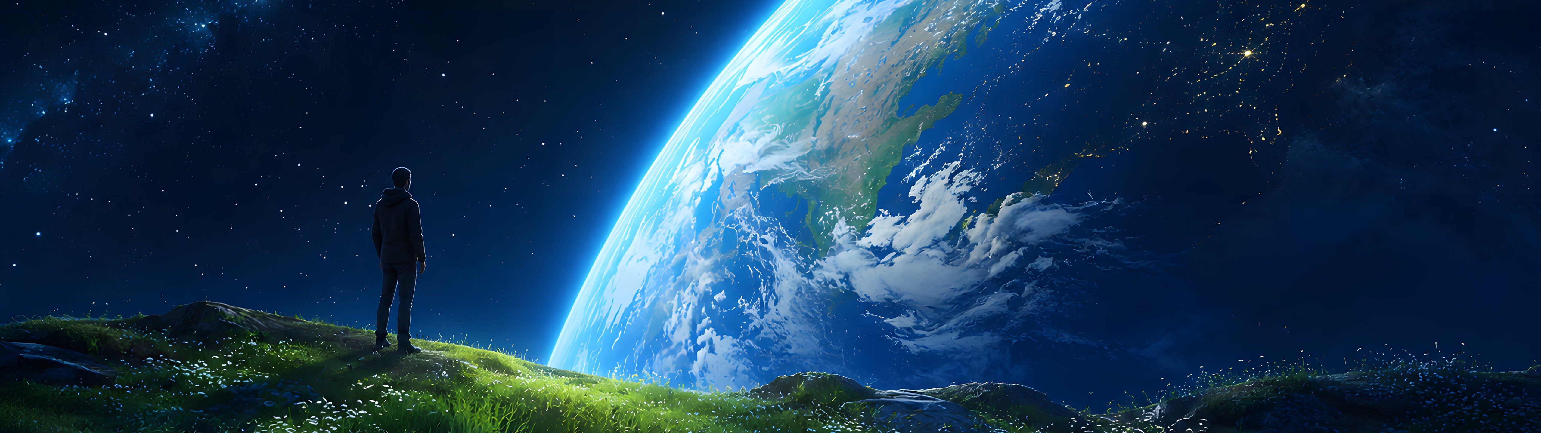 Man Observing Earth from Space - UltraWide 32:9 wallpapers in 5120x1440 resolution