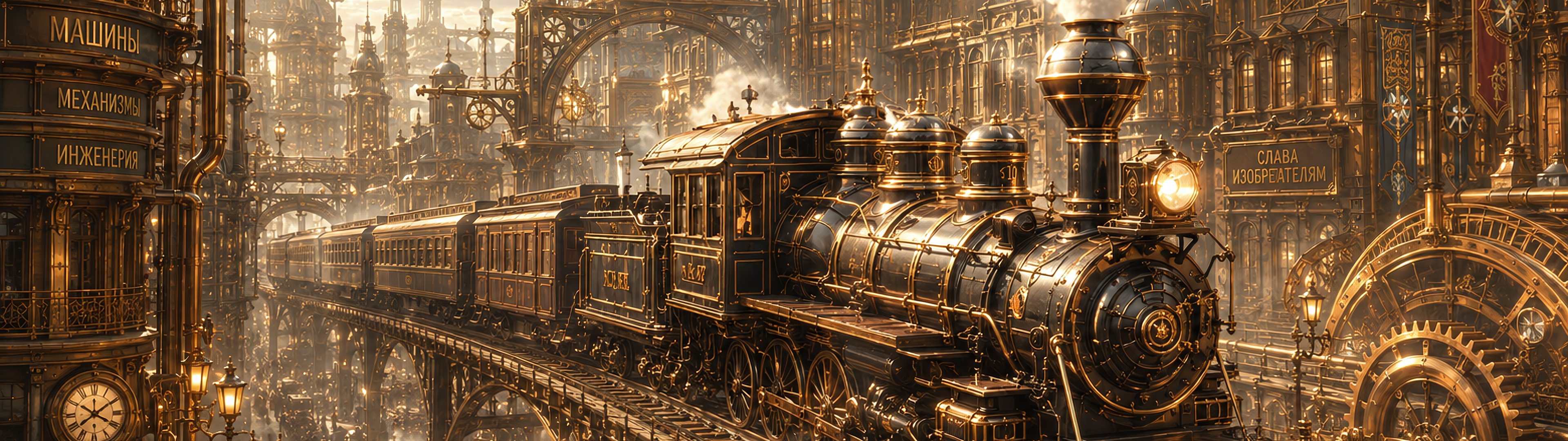 Steampunk Steam Train City Scene - UltraWide 32:9 wallpapers in 3840x1080 resolution