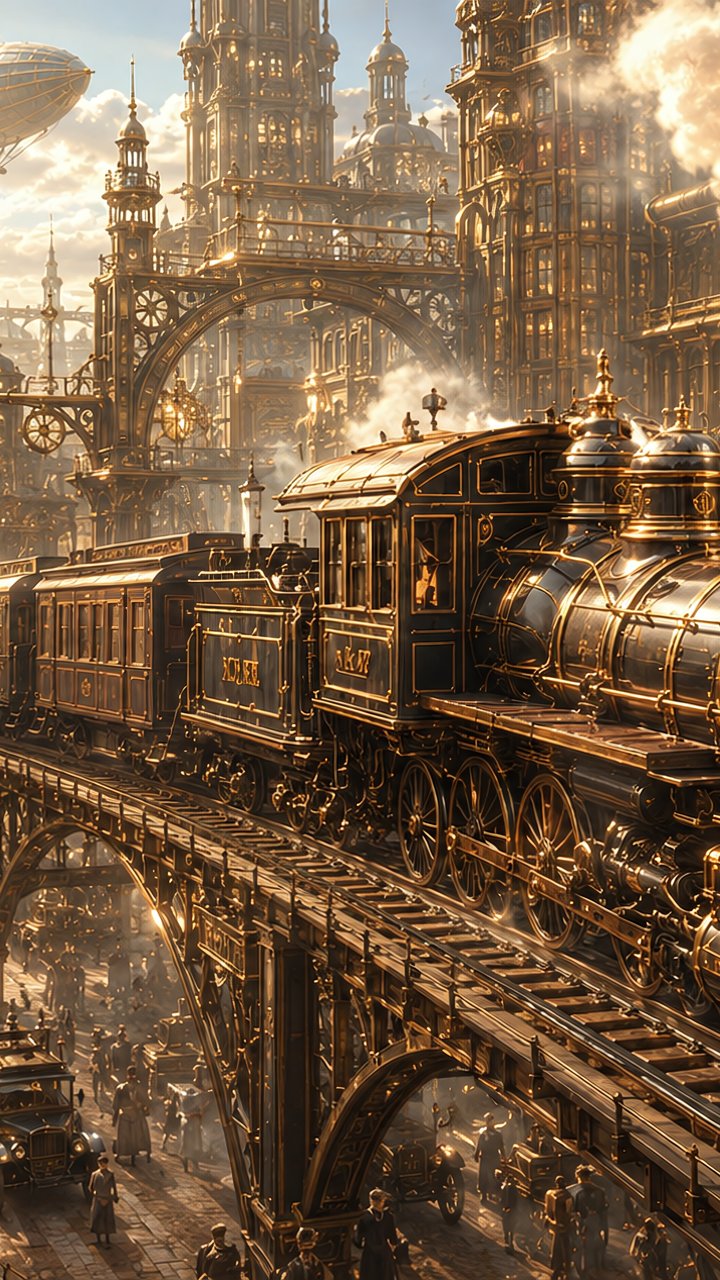 Steampunk Steam Train City Scene - Wallpapers for Samsung/LG in 720x1280 resolution