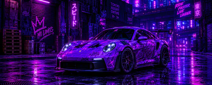 5K2K UltraWide 21:9 обои немецкие авто (5120x2160): Porsche 911 GT3 RS, ливреи, небоскрёбы, неон