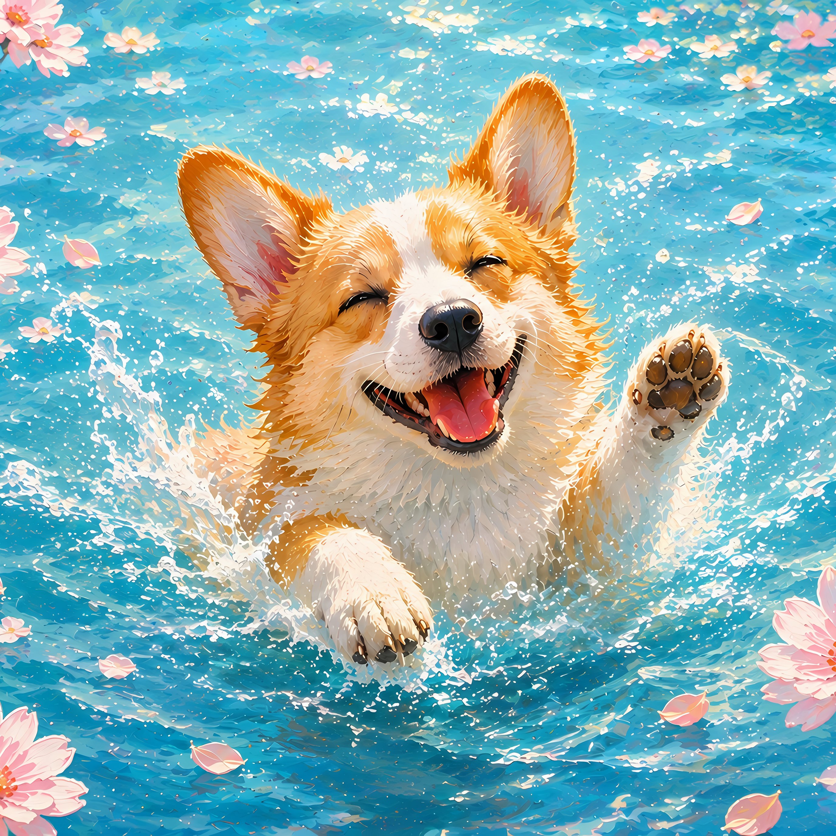 Corgi Bathing Among Spring Flowers - Wallpapers for iPad Pro 13″ in 2752x2752 resolution