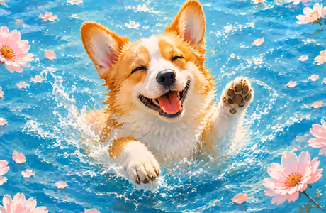 Splash Wallpapers: corgi, water, flowers, petals