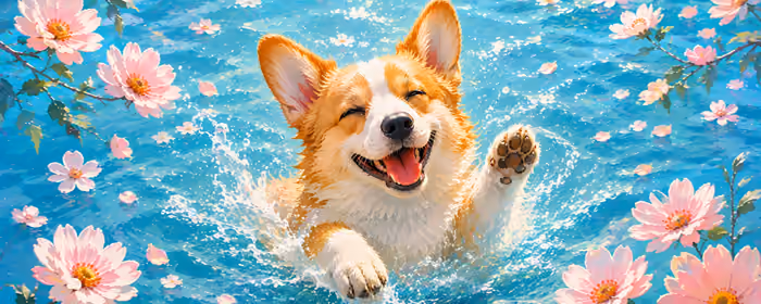Dual Monitor Wallpapers Cute animals (7680x2160): corgi, water, flowers, petals