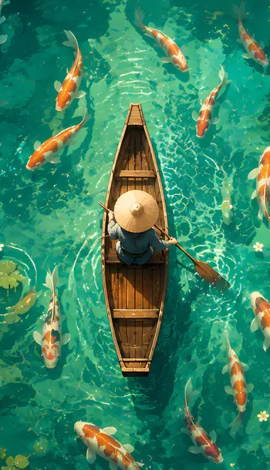 Nature wallpapers: koi fish, boat, man, water