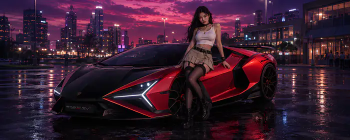 Cars wallpapers: Lamborghini Revuelto, woman, hypercar, city lights