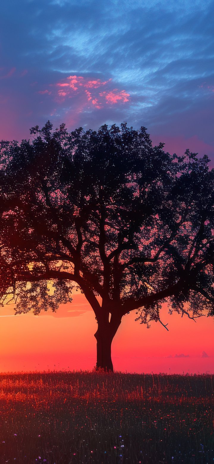 Lone Tree in a Colorful Sunset - Wallpapers for Samsung Galaxy A11/A20e/A20/M11, Xiaomi Redmi 9A/9C, POCO C40 in 720x1560 resolution