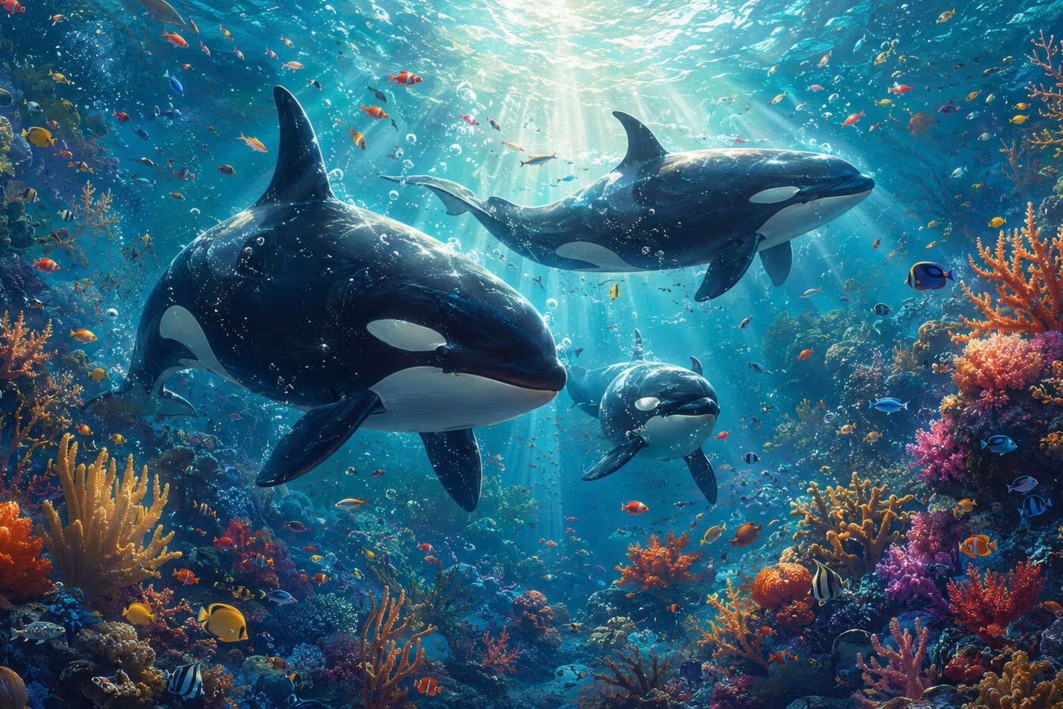 Orcas Among Corals Underwater - Microsoft Surface 12.4″ wallpapers in 1536x1024 resolution