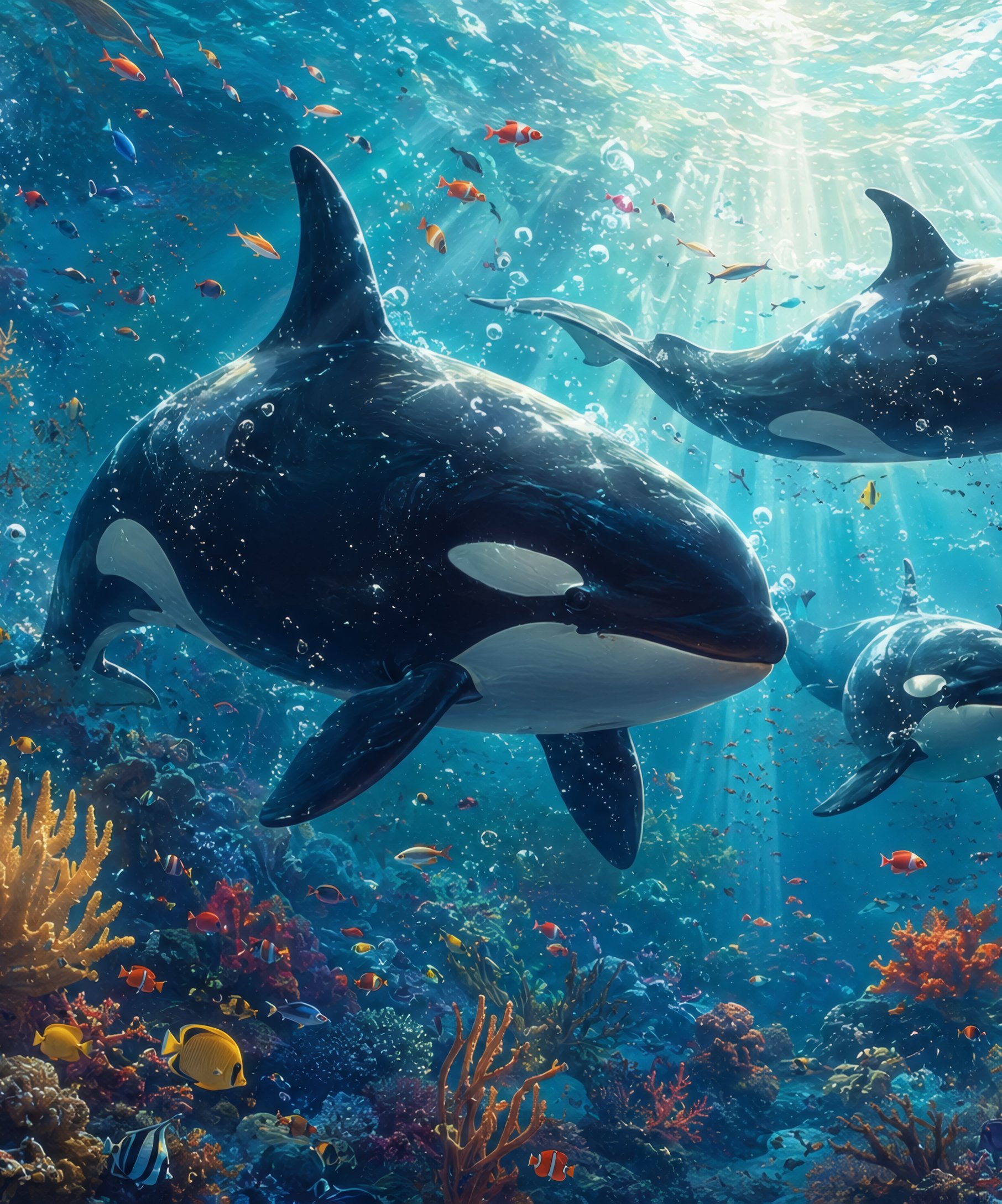 Orcas Among Corals Underwater - Wallpapers for Samsung Galaxy Z Fold4/Z Fold5/Z Fold6 in 1812x2176 resolution