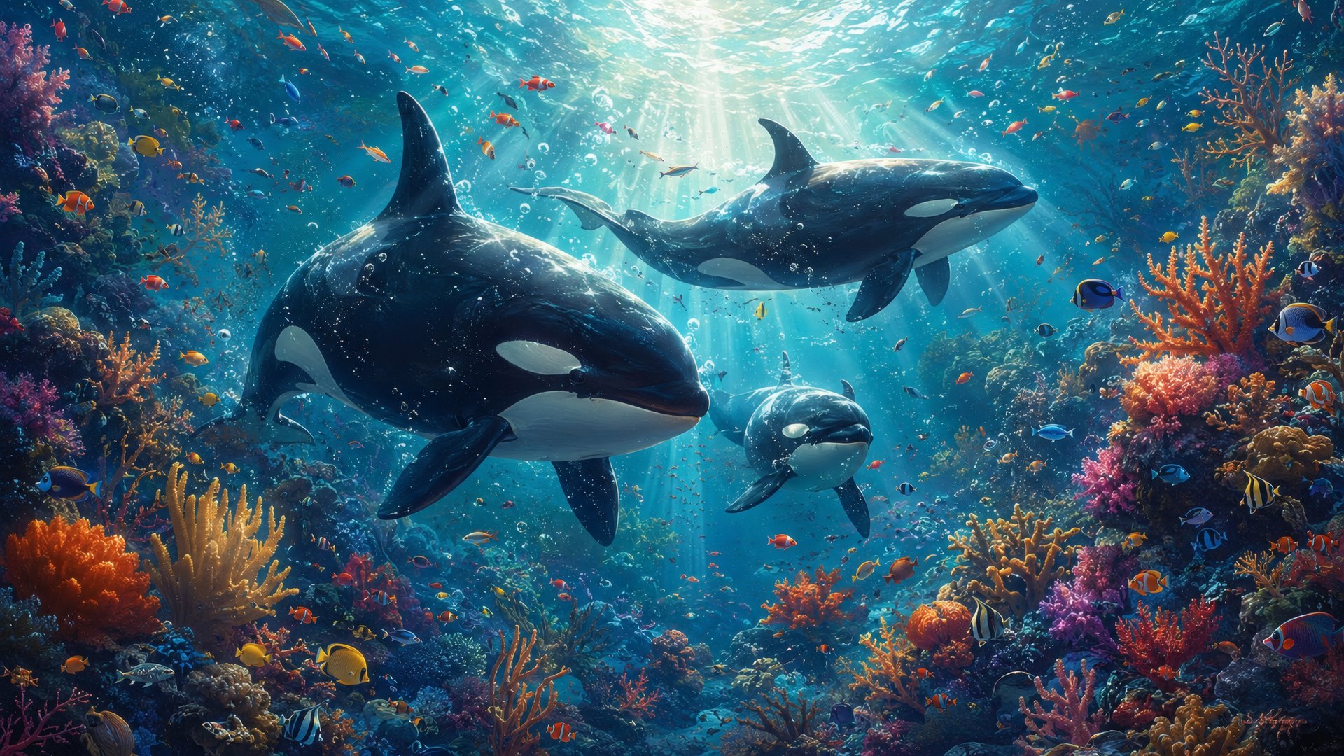 Orcas Among Corals Underwater - Full HD wallpapers in 1920x1080 resolution