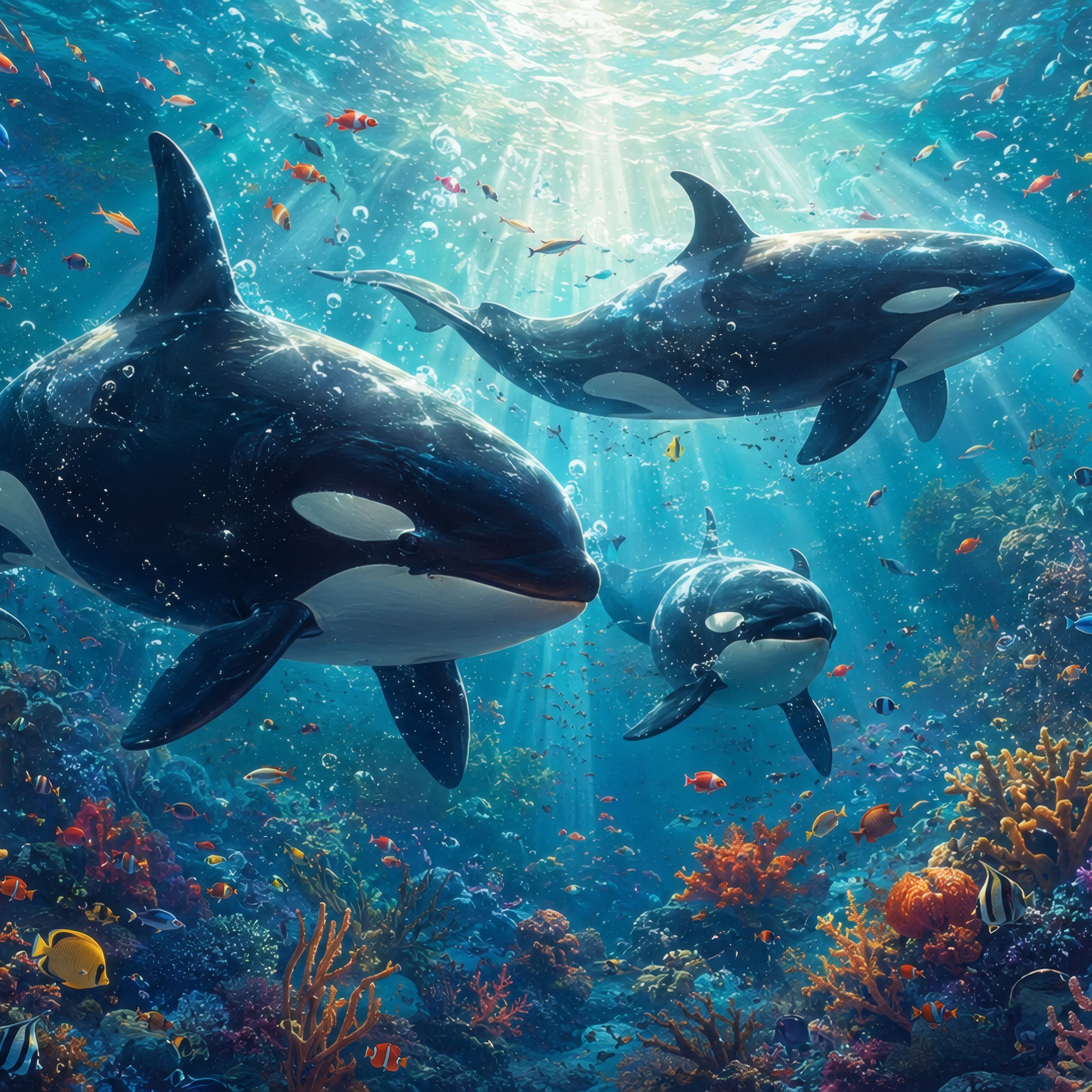 Orcas Among Corals Underwater - Wallpapers for iPad 10.2″ in 2160x2160 resolution