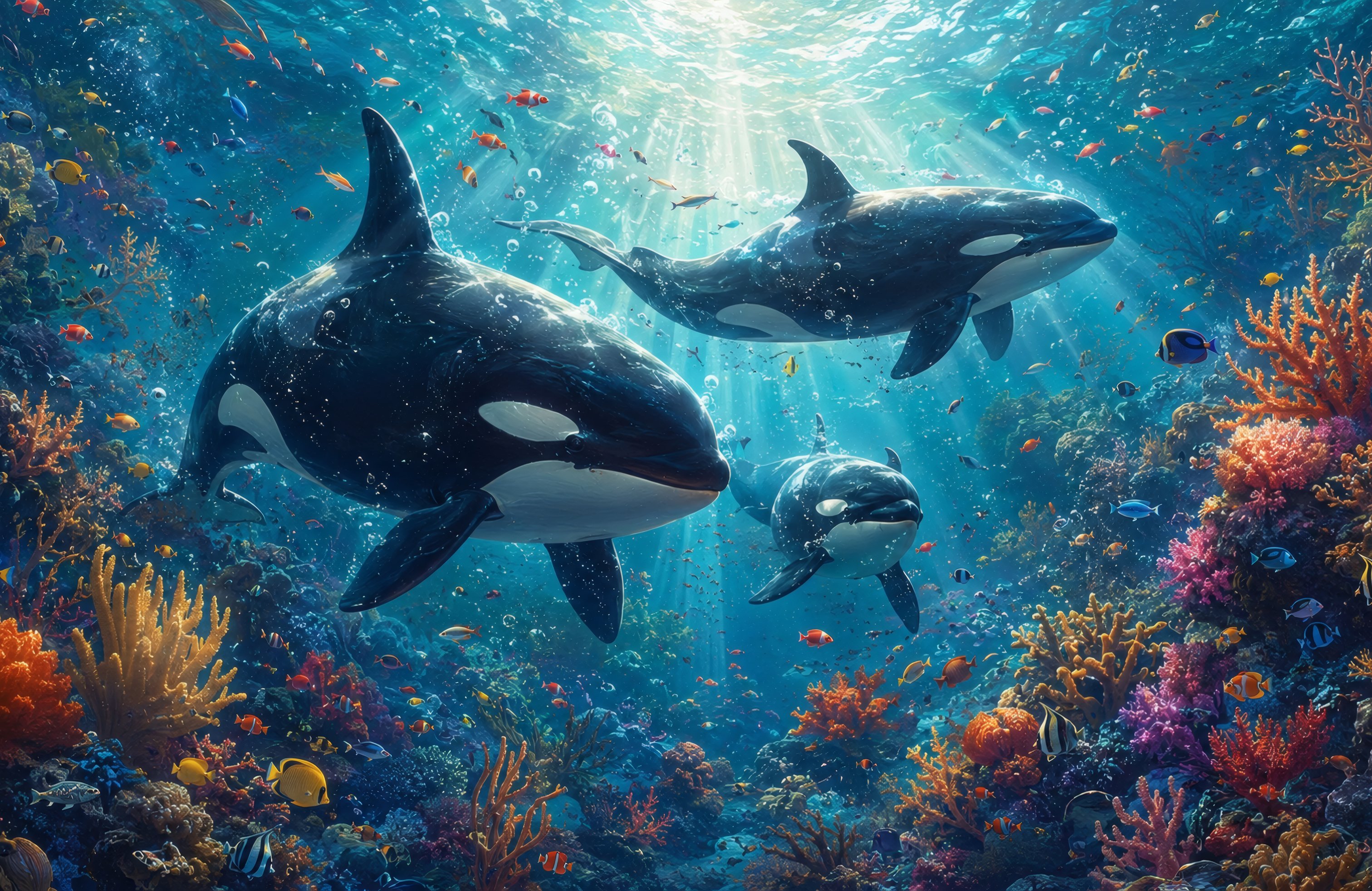 Orcas Among Corals Underwater - Wallpapers for Apple MacBook 14.2″ in 3024x1964 resolution