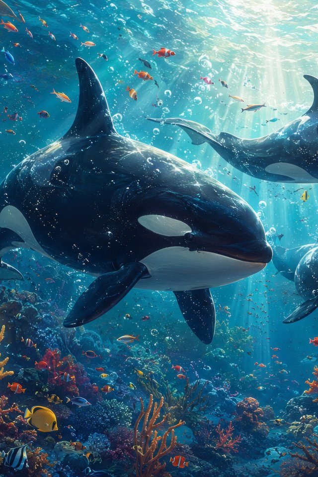 Orcas Among Corals Underwater - Wallpapers for iPhone 4/4S in 640x960 resolution