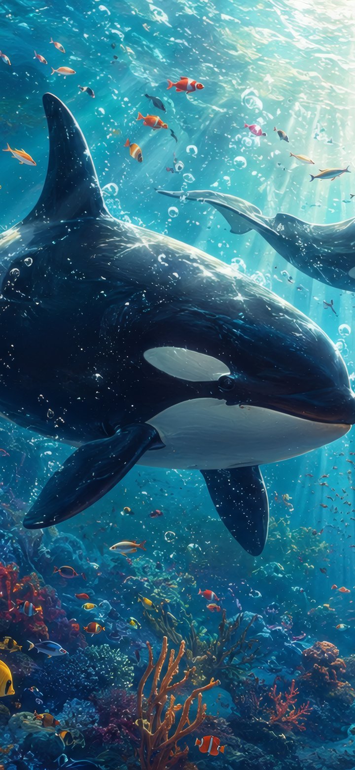 Orcas Among Corals Underwater - Wallpapers for Samsung Galaxy A11/A20e/A20/M11, Xiaomi Redmi 9A/9C, POCO C40 in 720x1560 resolution