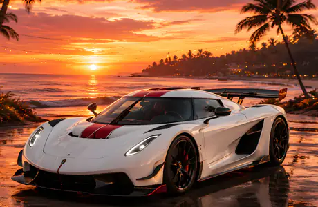 Koenigsegg Jesko Wallpapers for Apple iMac 24″ (4480x2520): Koenigsegg Jesko, Miami, colorful sunset, ocean