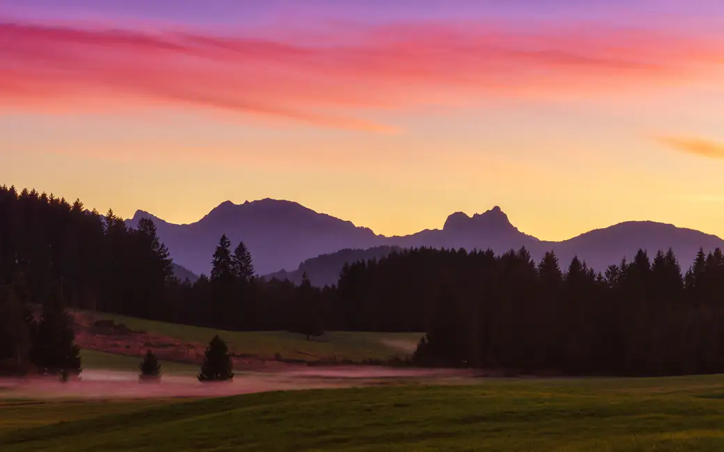 Mountain Forest Valley at Sunset — desktop and phone wallpaper, free download