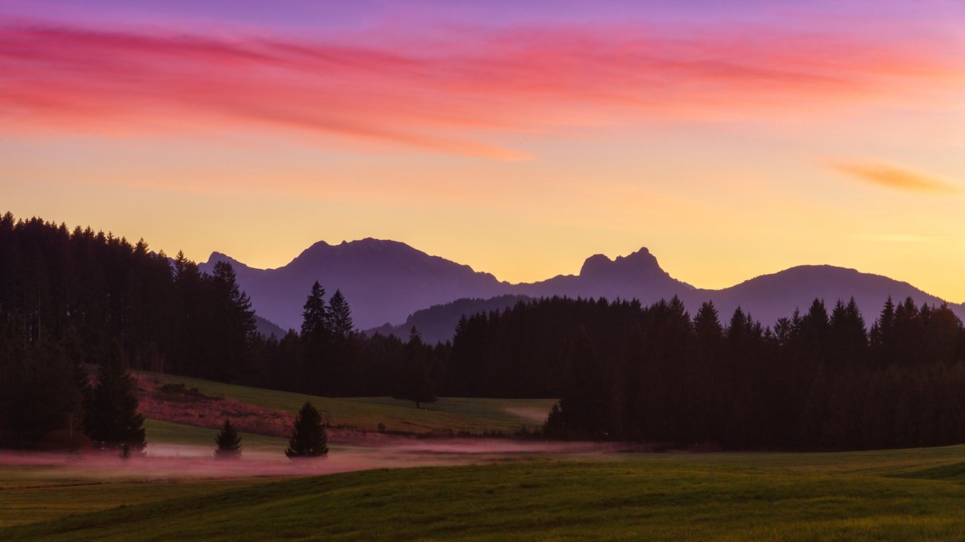 Mountain Forest Valley at Sunset - Laptop Wallpapers in 1366x768 resolution