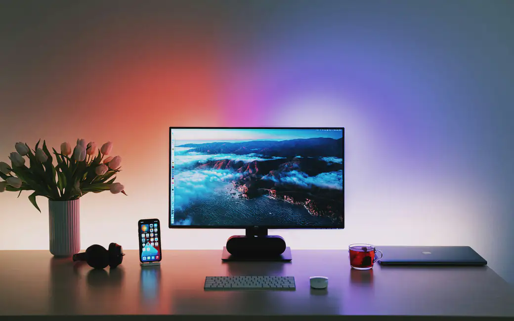 Workplace with Apple technology — desktop and phone wallpaper, free download