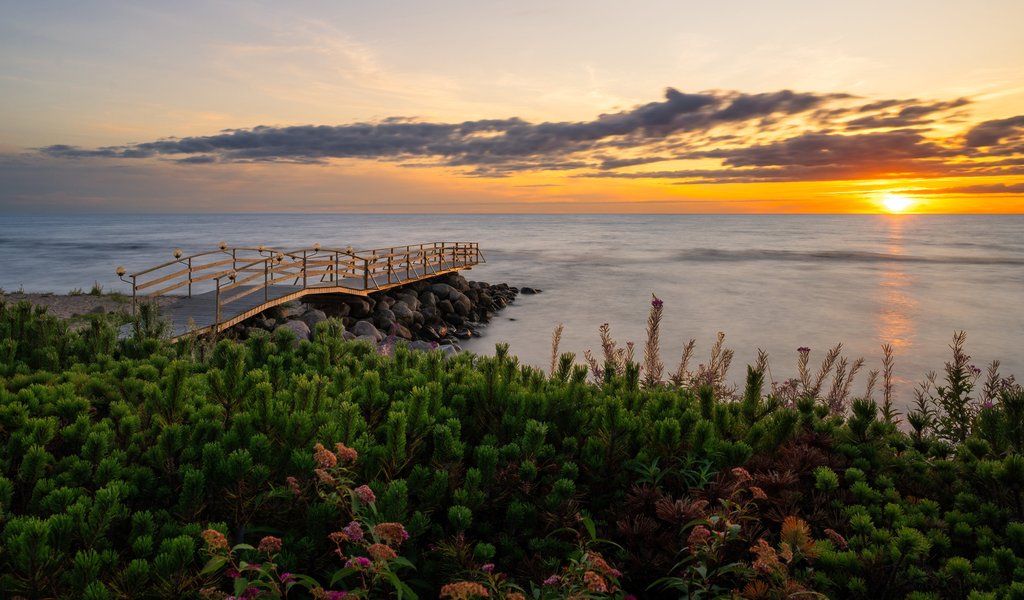 Sunset Coast with Wooden Bridge - WSVGA wallpapers in 1024x600 resolution