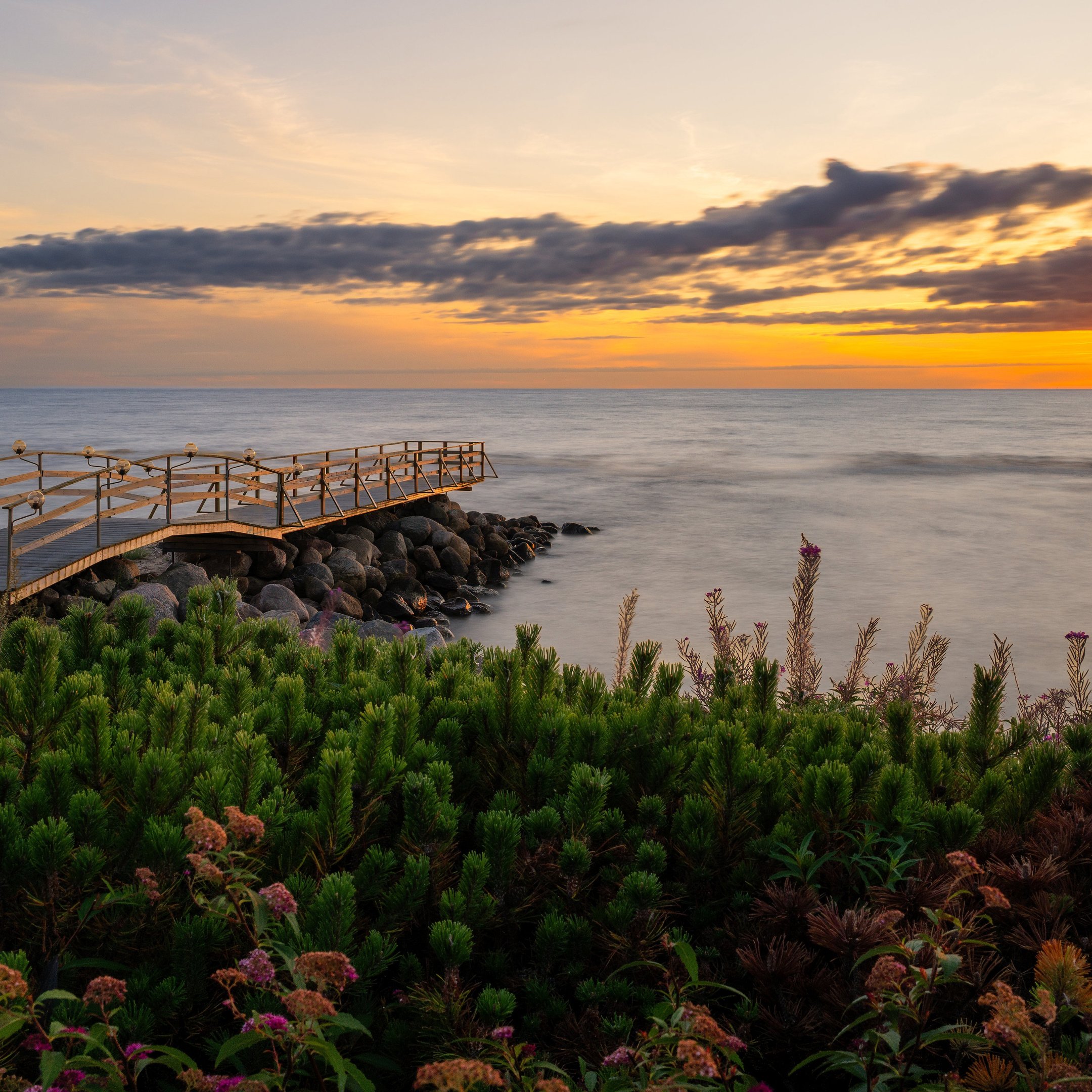 Sunset Coast with Wooden Bridge - Wallpapers for iPad 10.2″ in 2160x2160 resolution