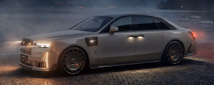 UltraWide 21:9 обои освещение (2560x1080): Rolls-Royce Ghost, Mansory, озеро, горы