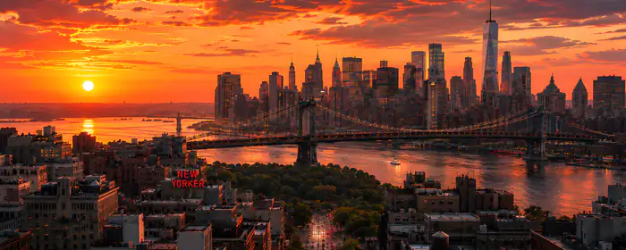 UltraWide 21:9 One World Trade Center wallpapers (3440x1440): New York City, One World Trade Center, Manhattan Bridge, colorful sunset